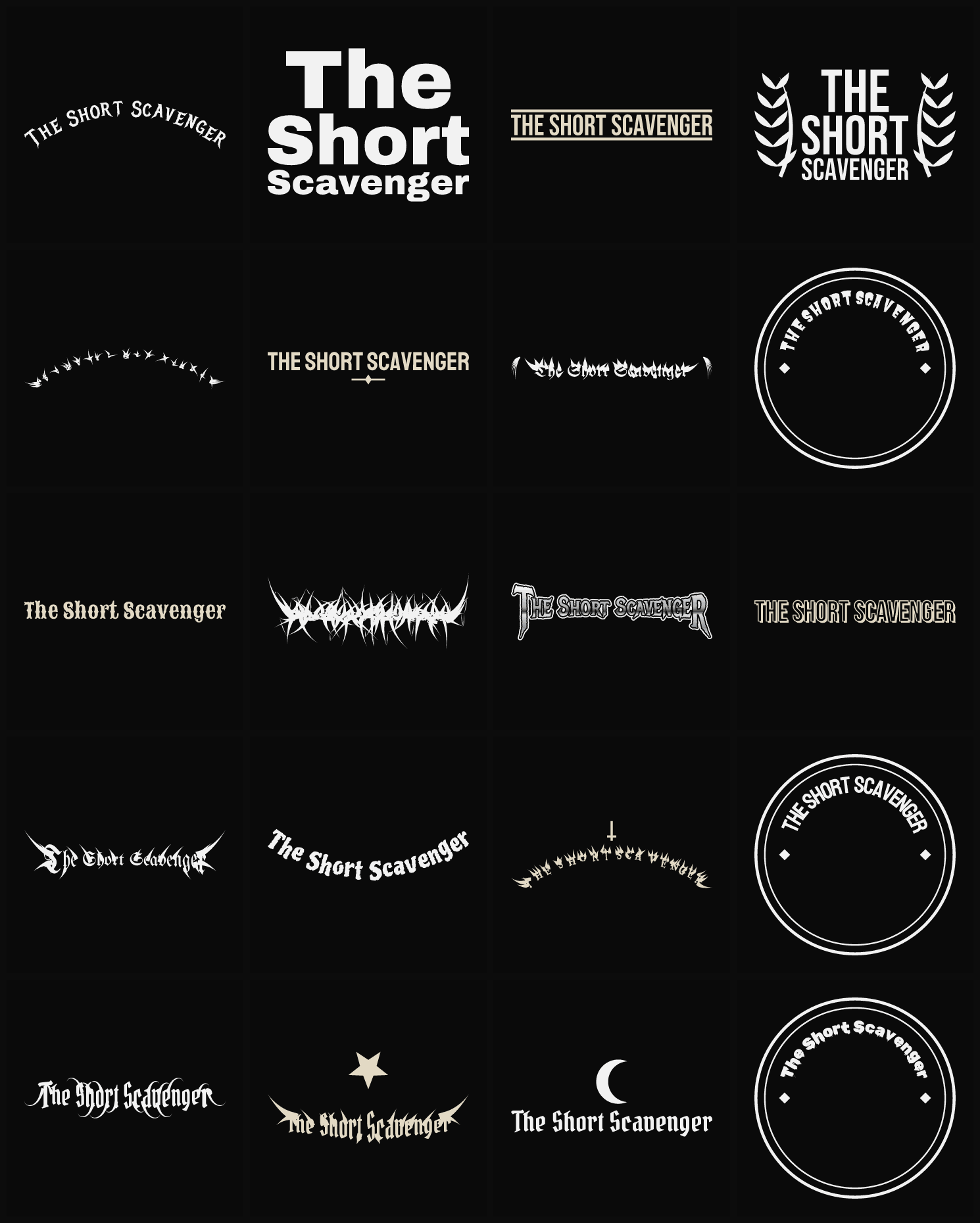 Twenty The Short Scavenger band logo ideas — different faces, treatments and spike settings
