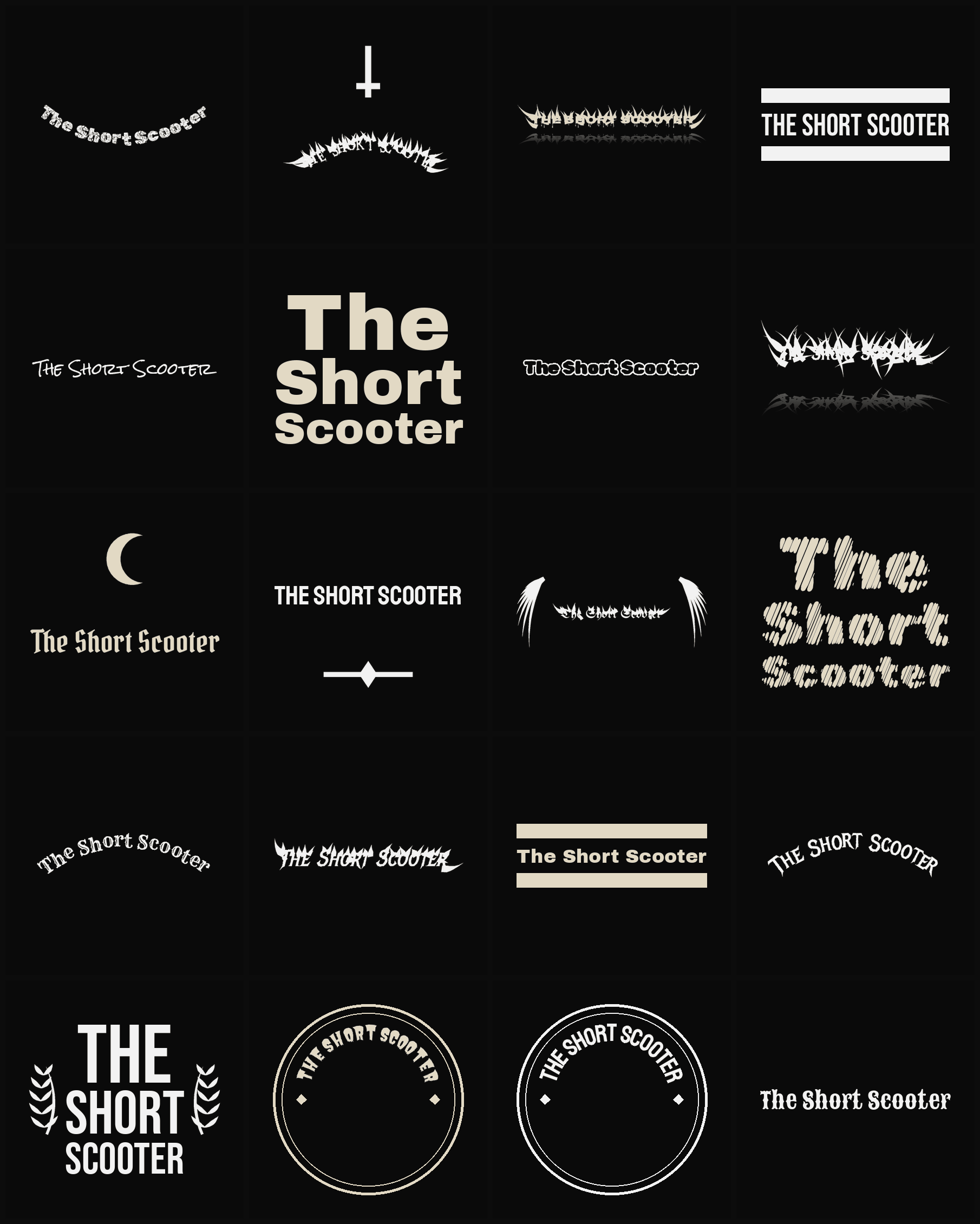 Twenty The Short Scooter band logo ideas — different faces, treatments and spike settings