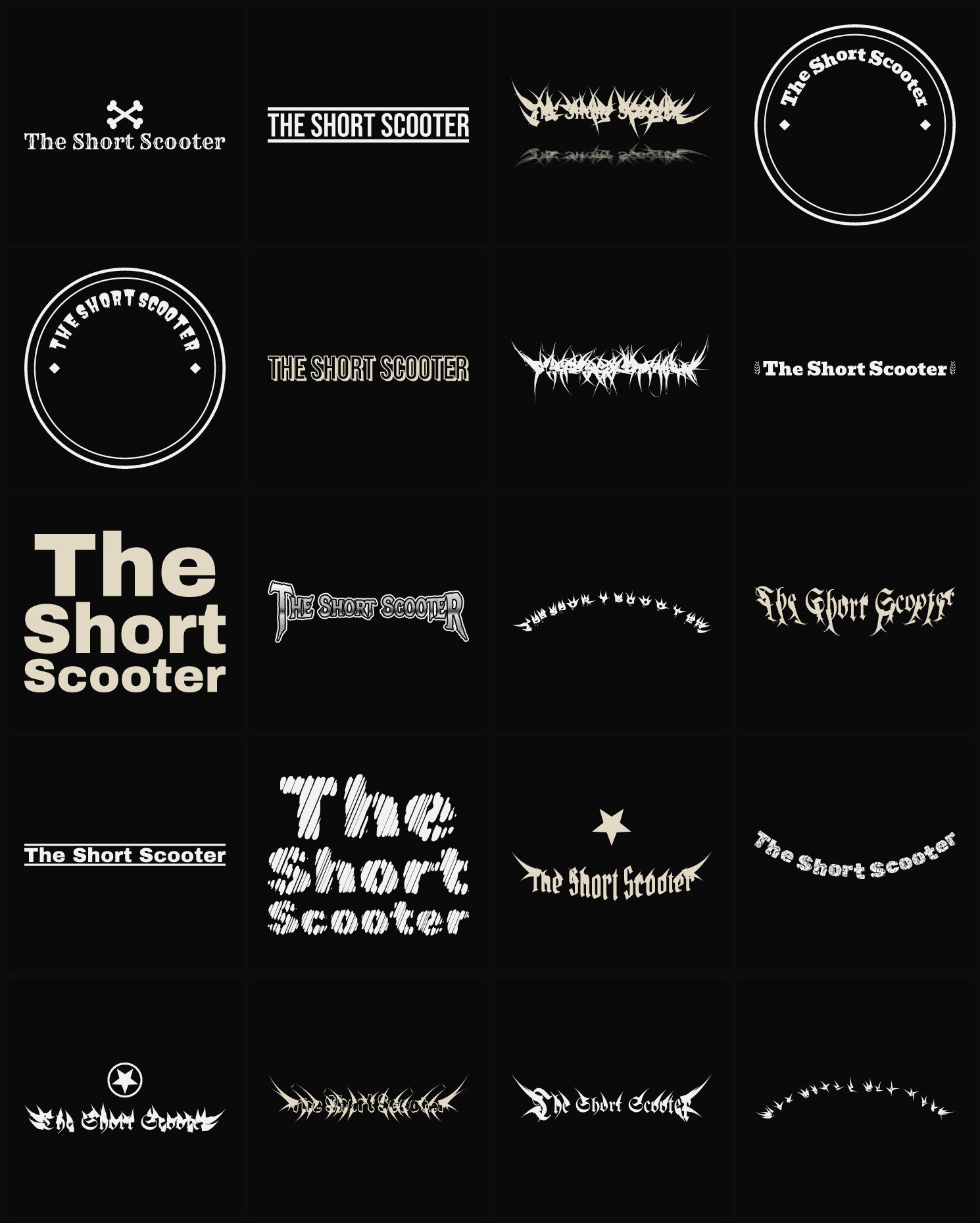 Twenty The Short Scooter band logo ideas — different faces, treatments and spike settings