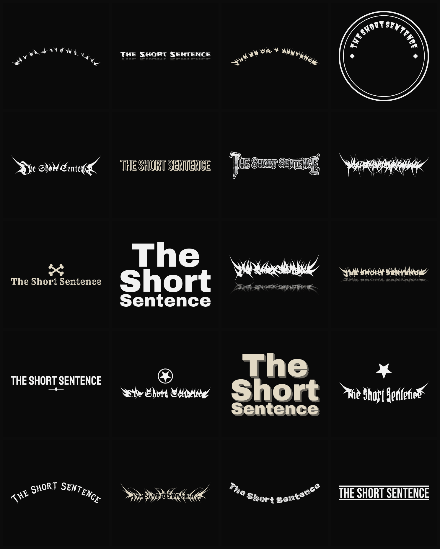 Twenty The Short Sentence band logo ideas — different faces, treatments and spike settings
