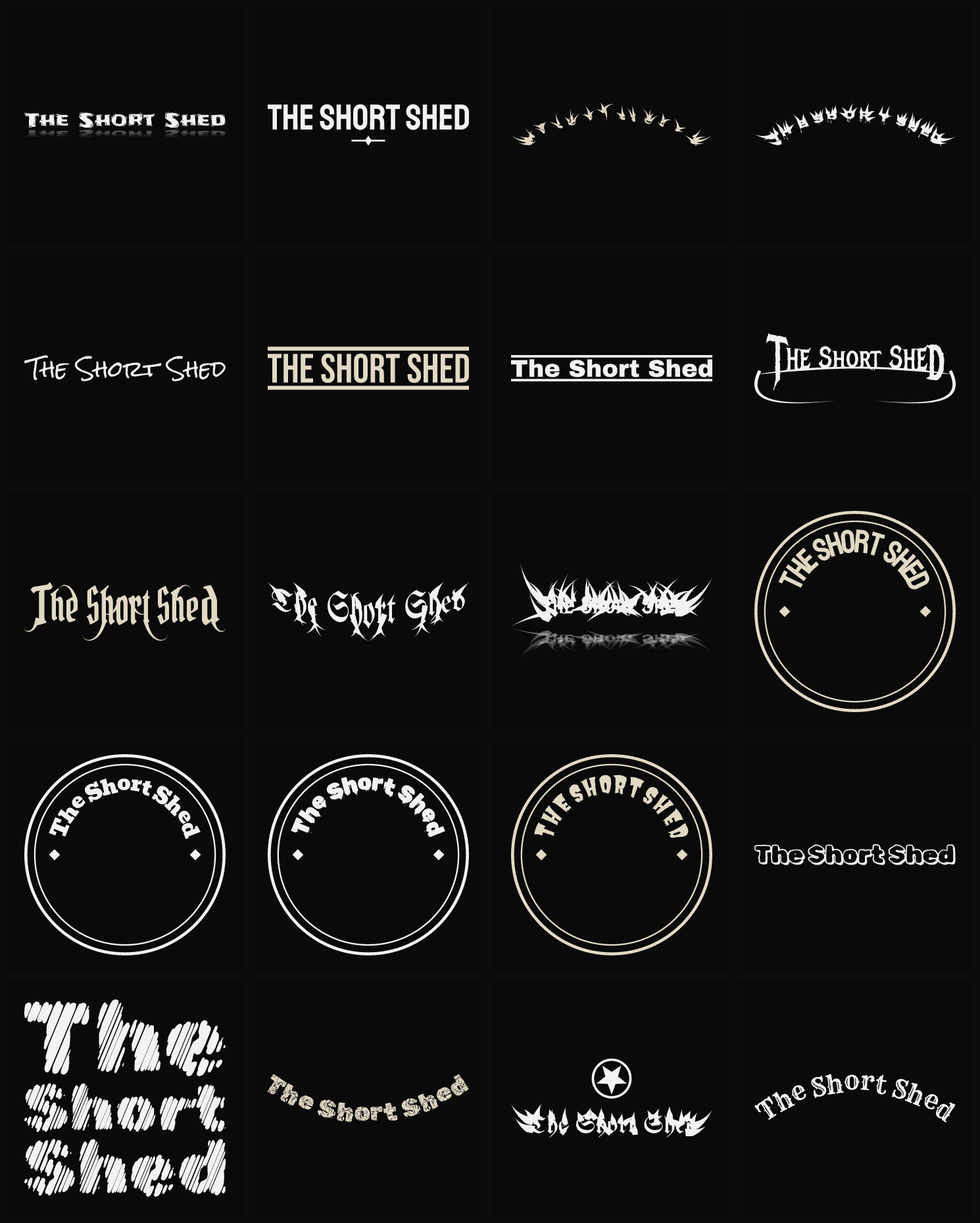 Twenty The Short Shed band logo ideas — different faces, treatments and spike settings