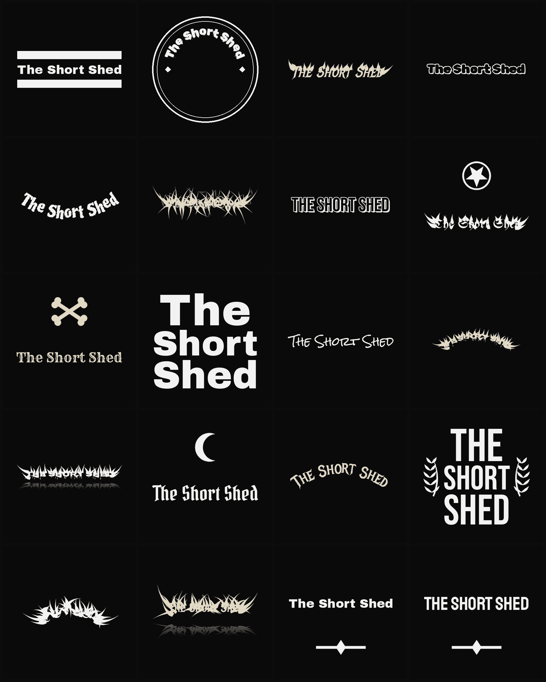 Twenty The Short Shed band logo ideas — different faces, treatments and spike settings