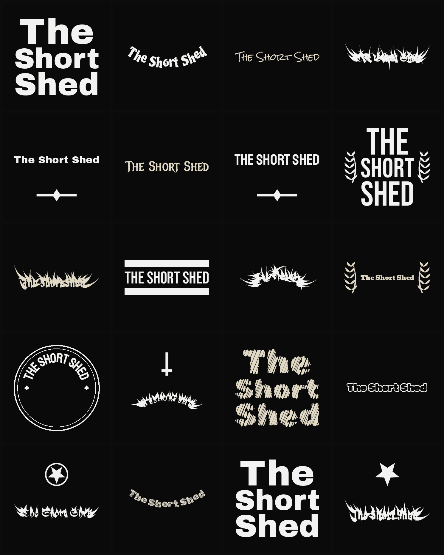 Twenty The Short Shed band logo ideas — different faces, treatments and spike settings