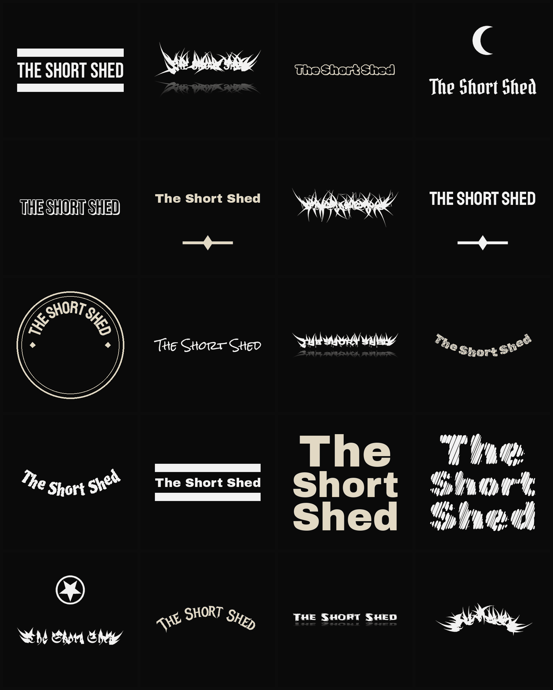 Twenty The Short Shed band logo ideas — different faces, treatments and spike settings
