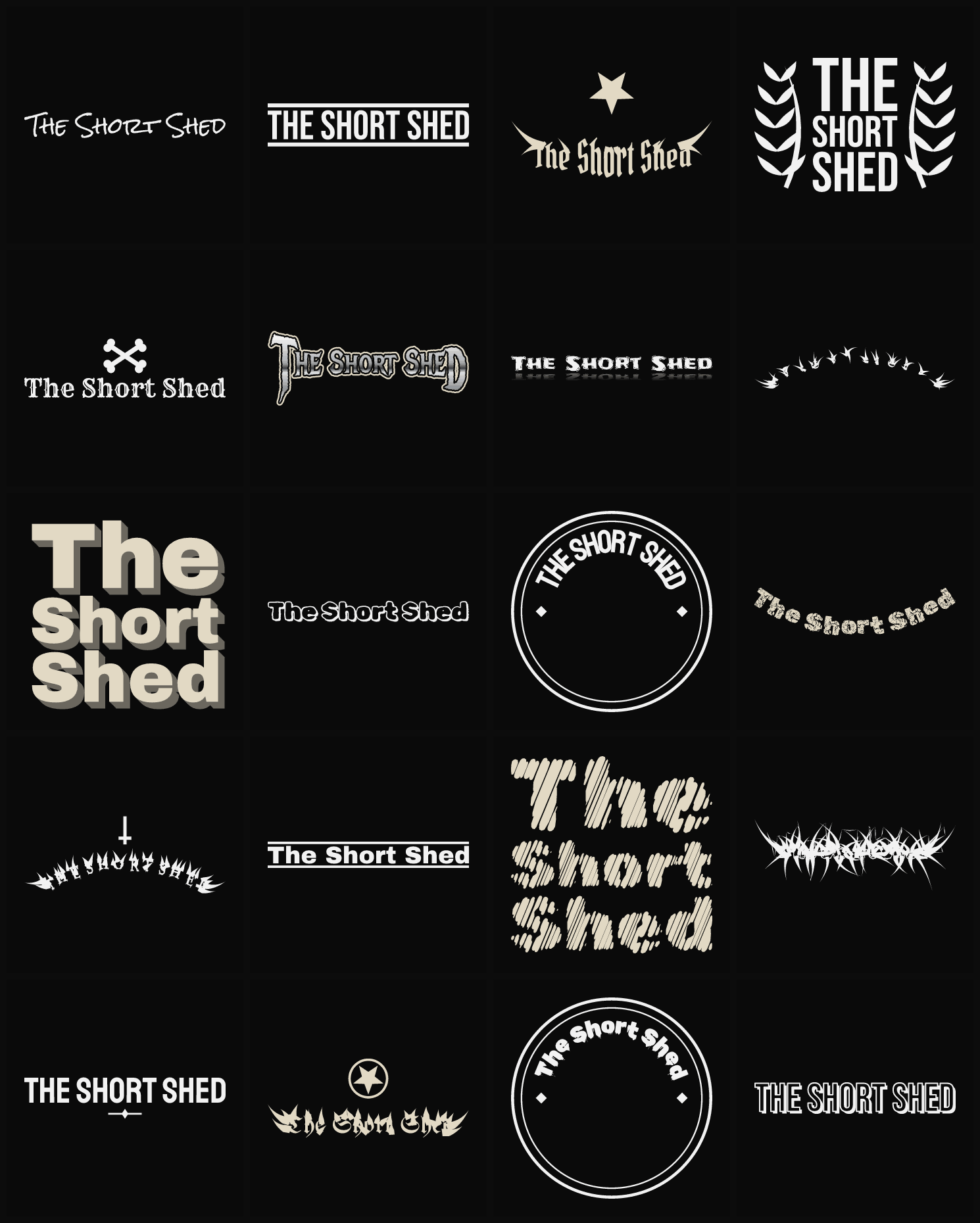 Twenty The Short Shed band logo ideas — different faces, treatments and spike settings