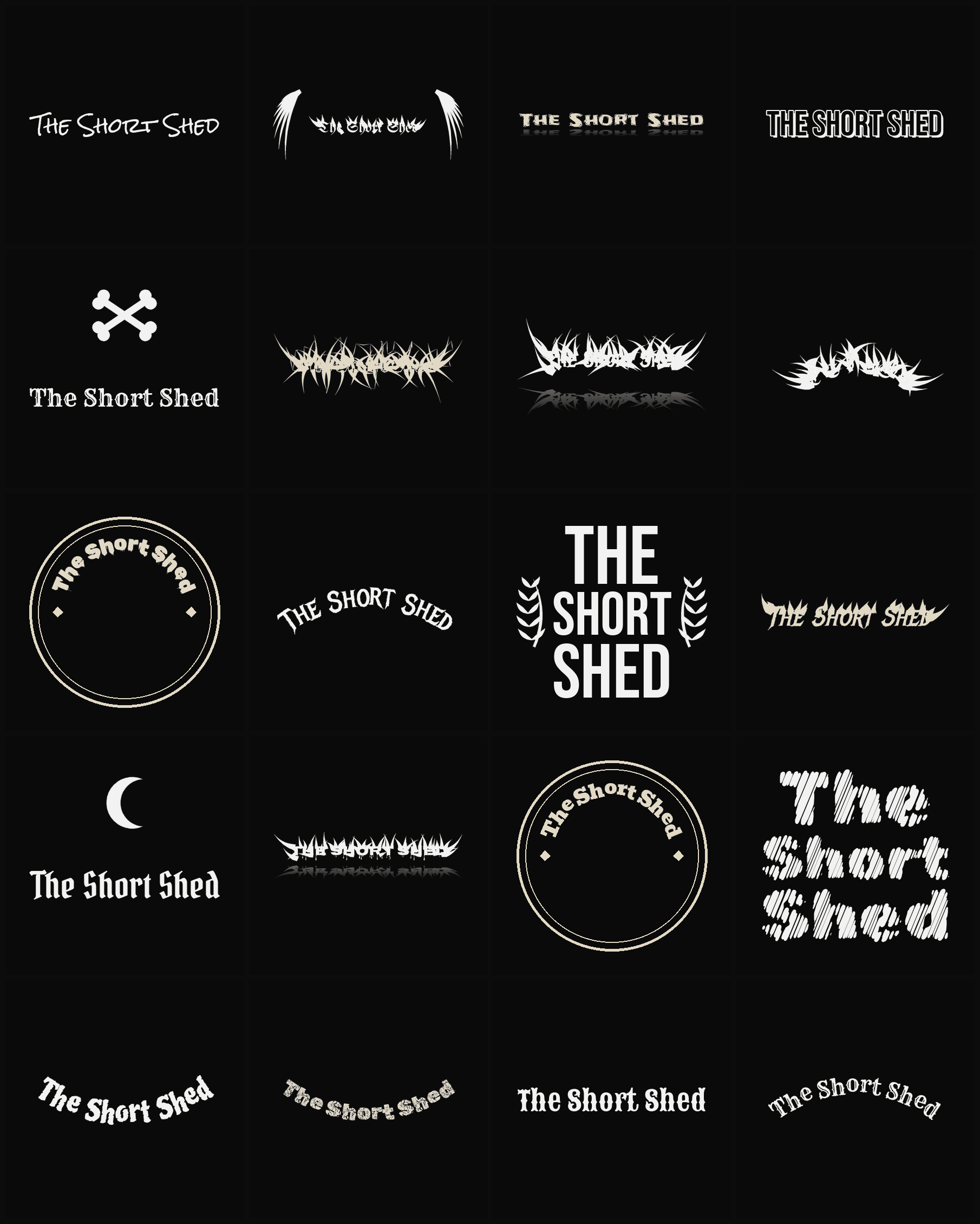 Twenty The Short Shed band logo ideas — different faces, treatments and spike settings