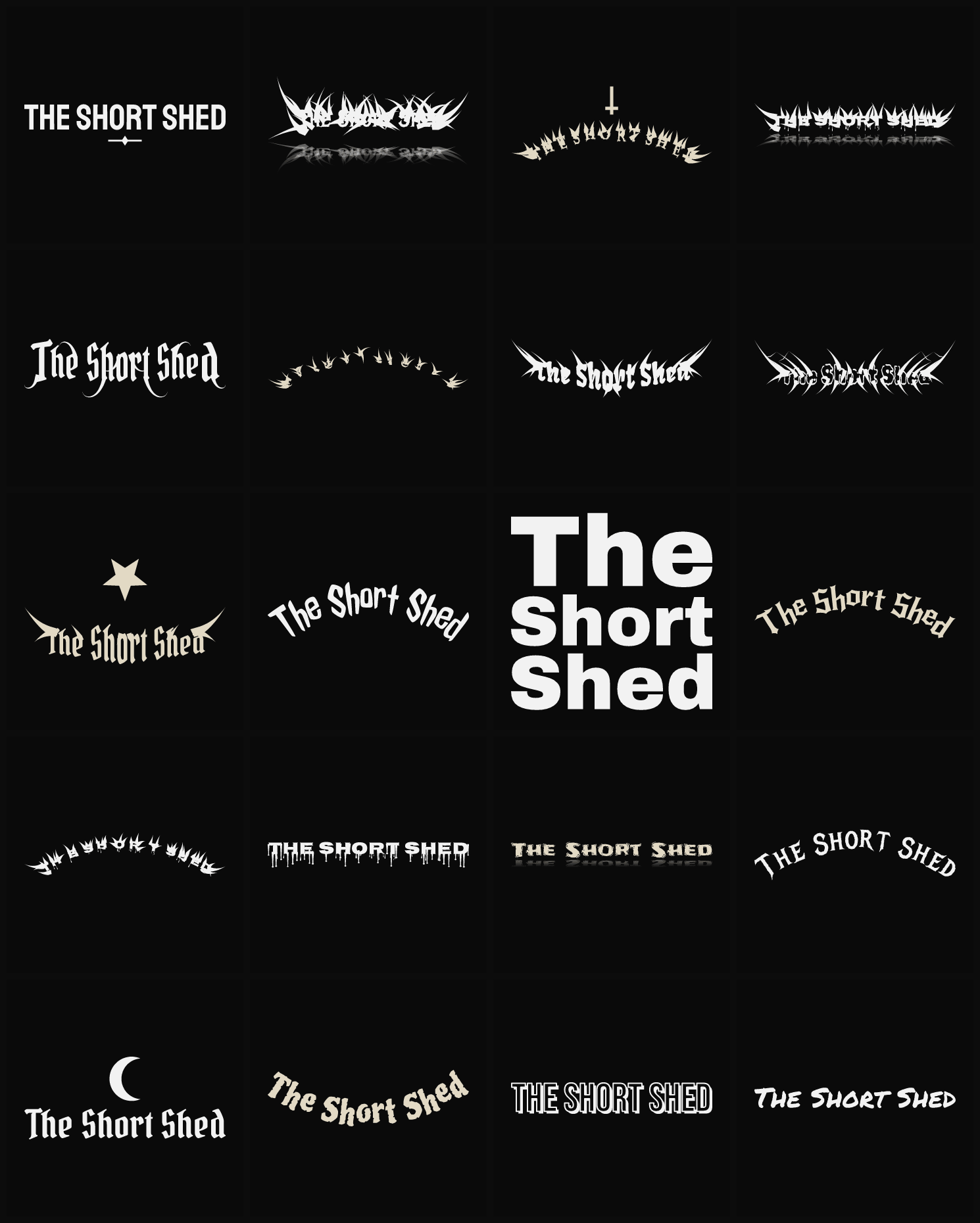 Twenty The Short Shed band logo ideas — different faces, treatments and spike settings