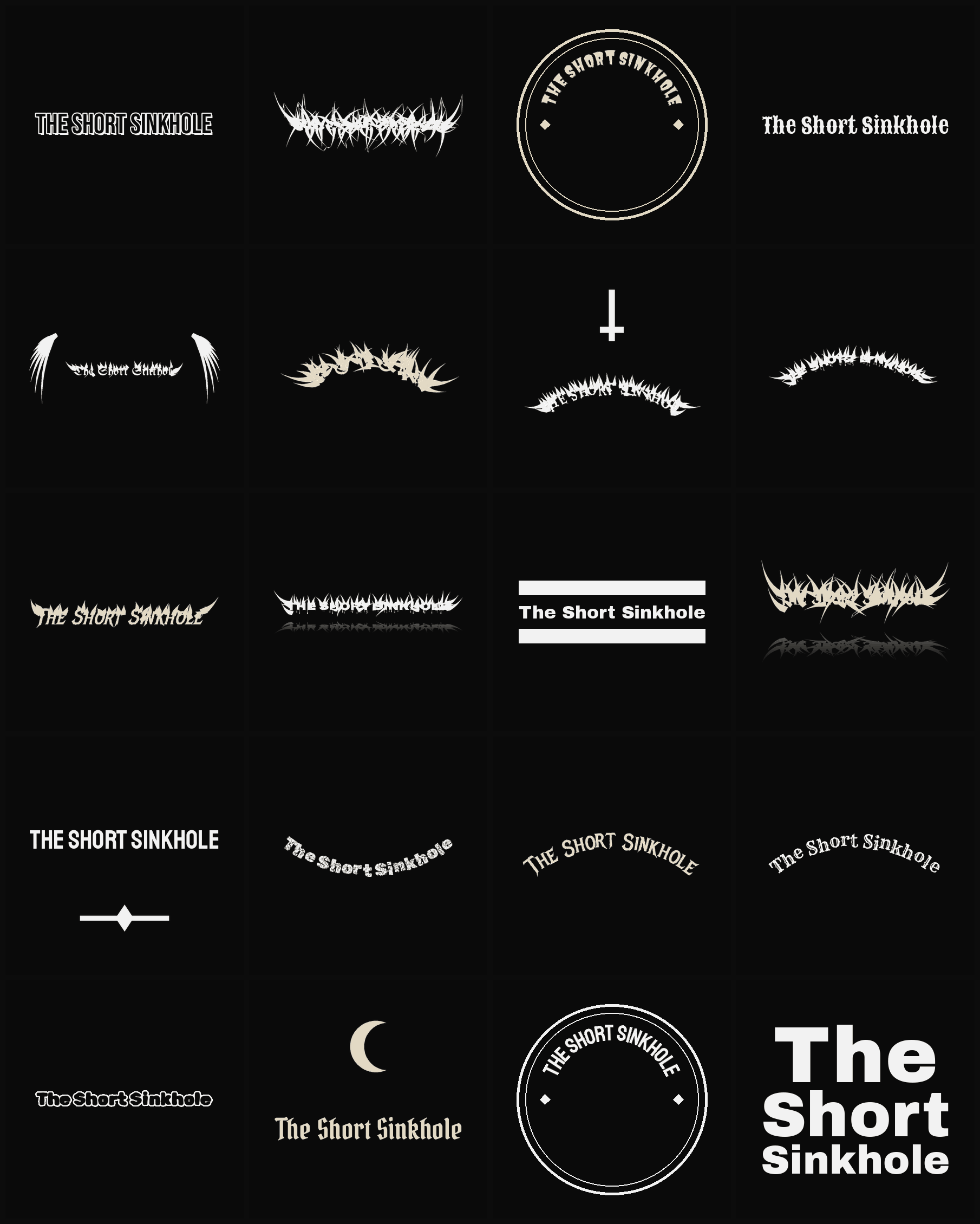 Twenty The Short Sinkhole band logo ideas — different faces, treatments and spike settings