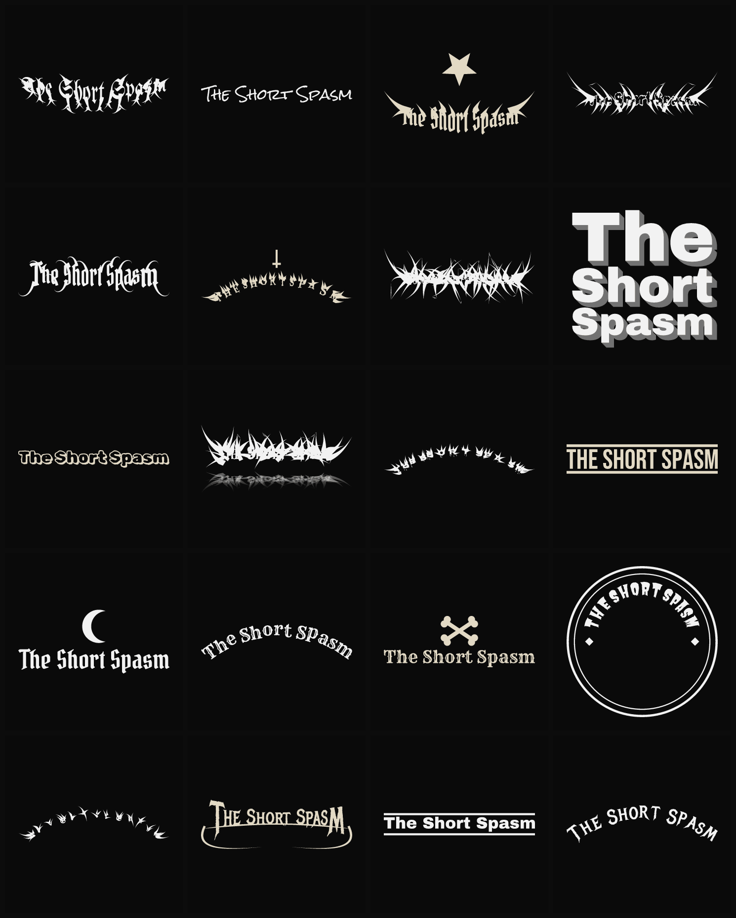 Twenty The Short Spasm band logo ideas — different faces, treatments and spike settings