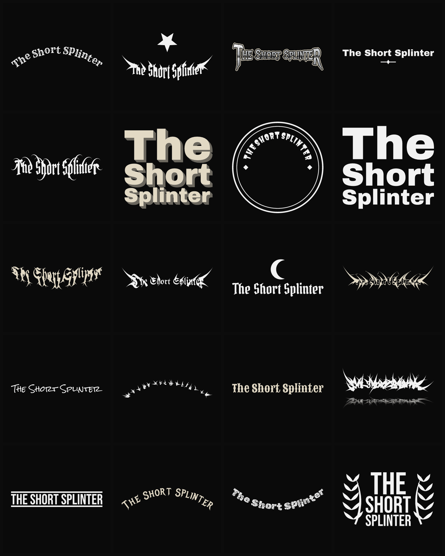 Twenty The Short Splinter band logo ideas — different faces, treatments and spike settings