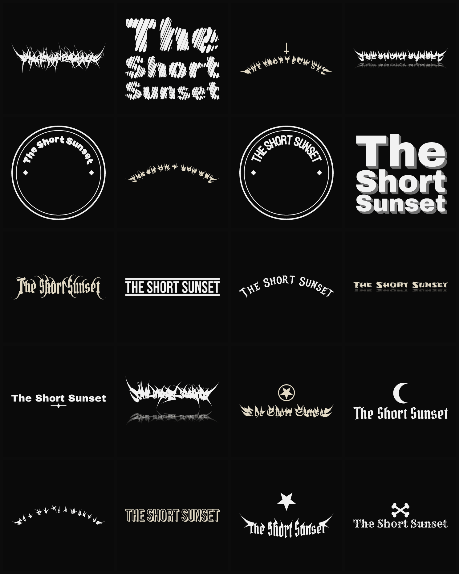 Twenty The Short Sunset band logo ideas — different faces, treatments and spike settings