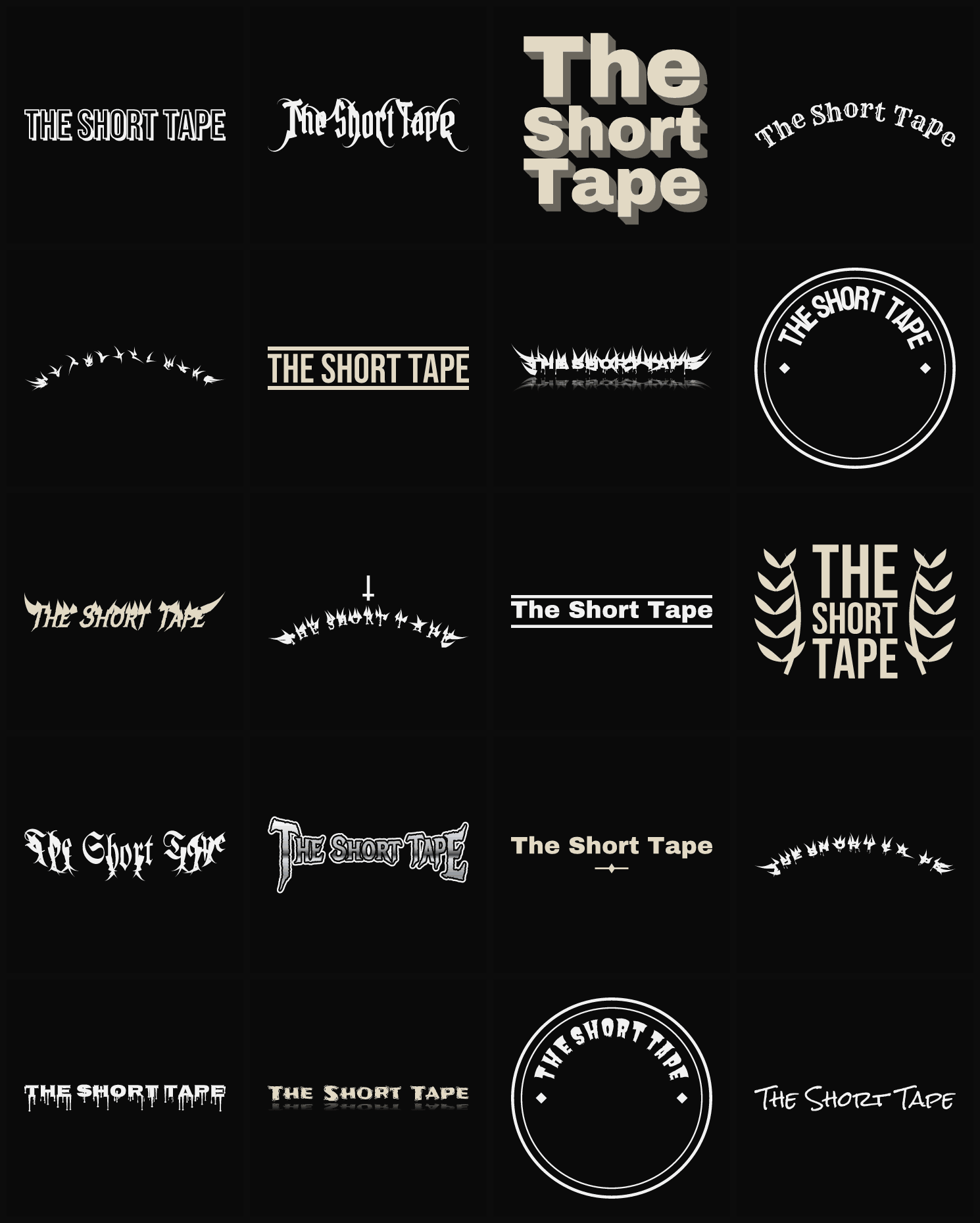 Twenty The Short Tape band logo ideas — different faces, treatments and spike settings