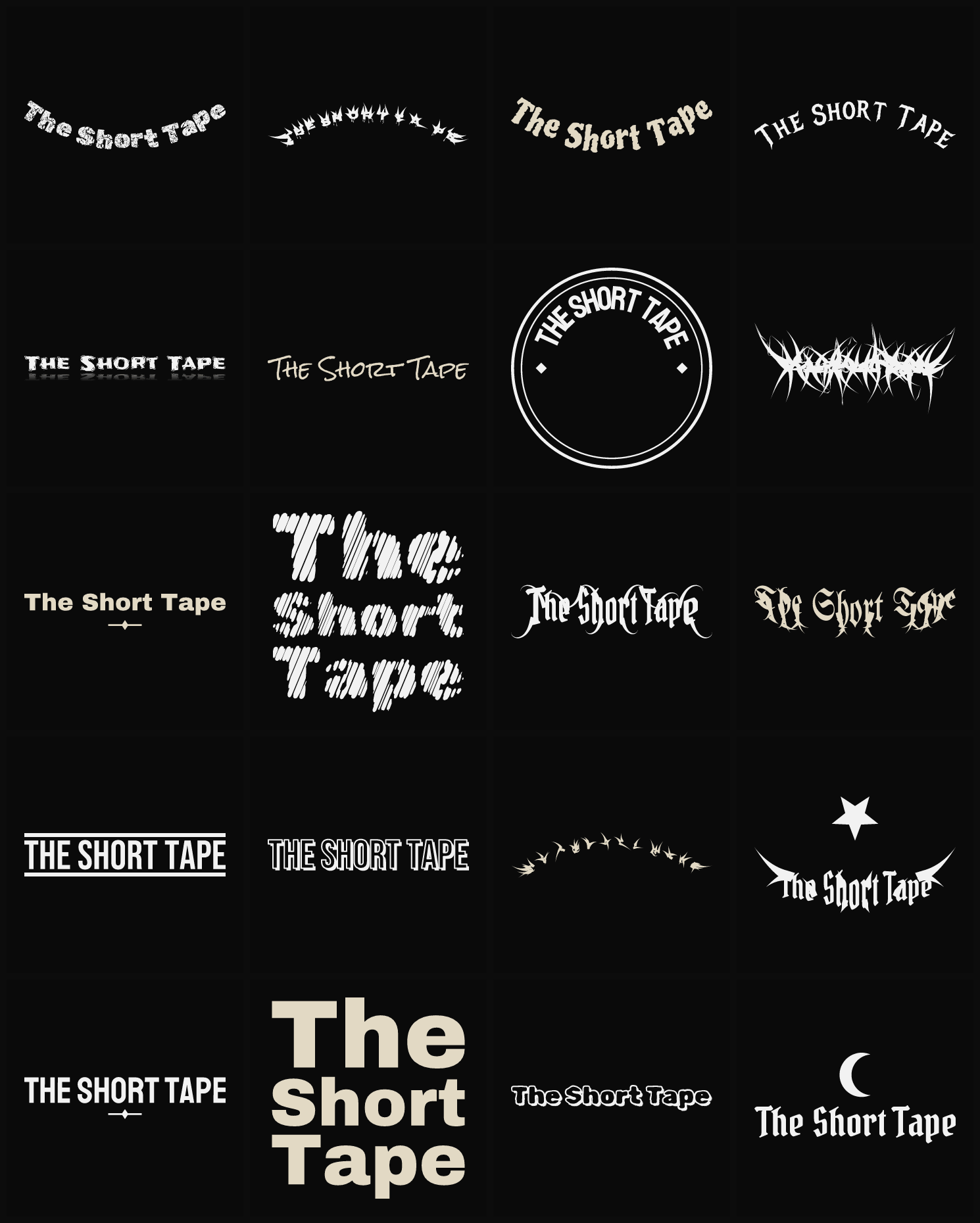 Twenty The Short Tape band logo ideas — different faces, treatments and spike settings