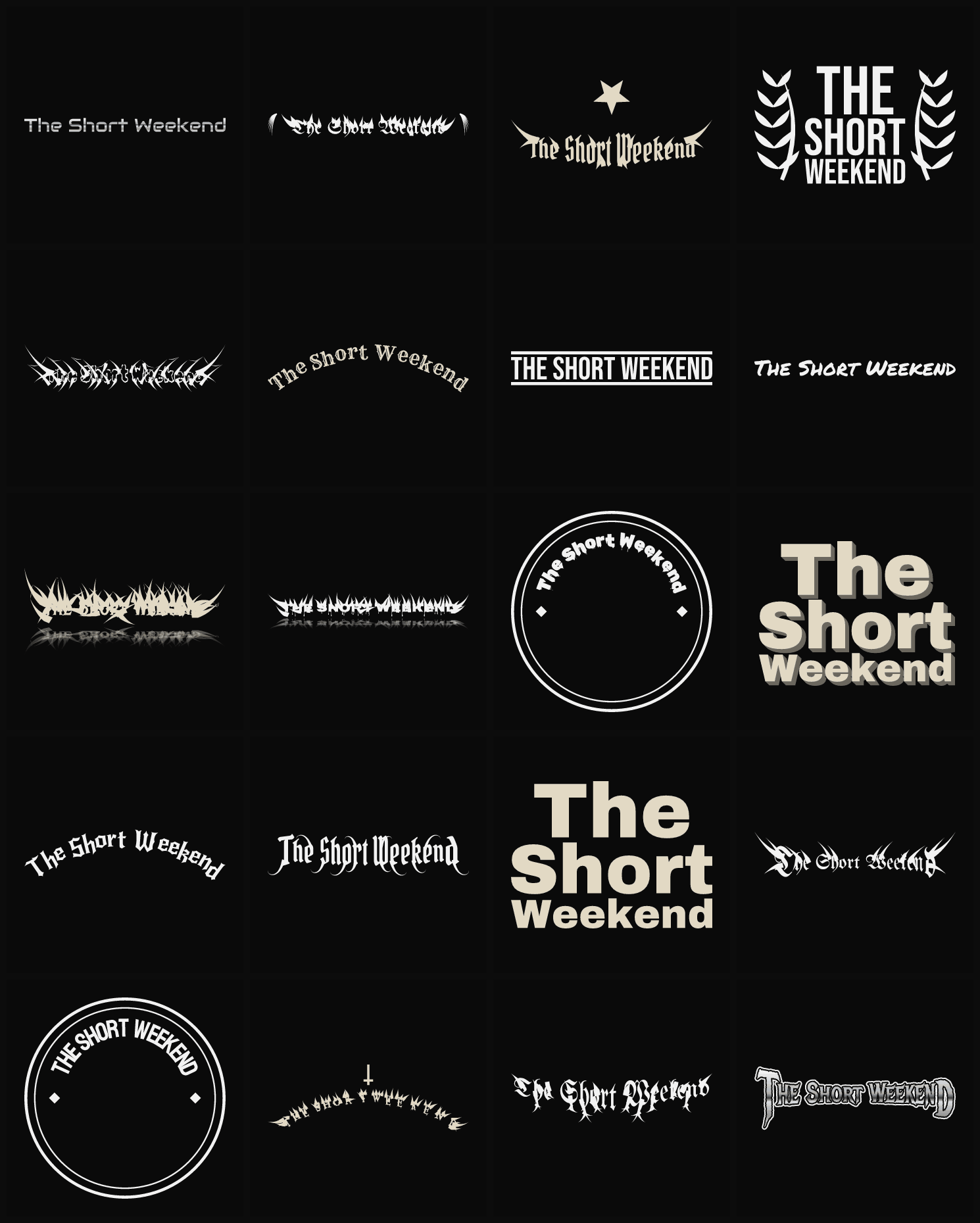 Twenty The Short Weekend band logo ideas — different faces, treatments and spike settings