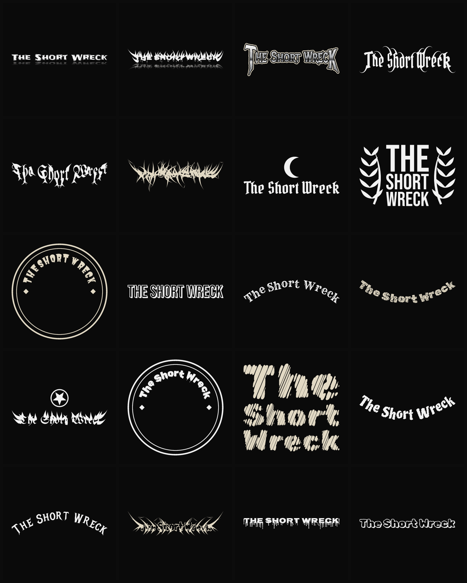 Twenty The Short Wreck band logo ideas — different faces, treatments and spike settings