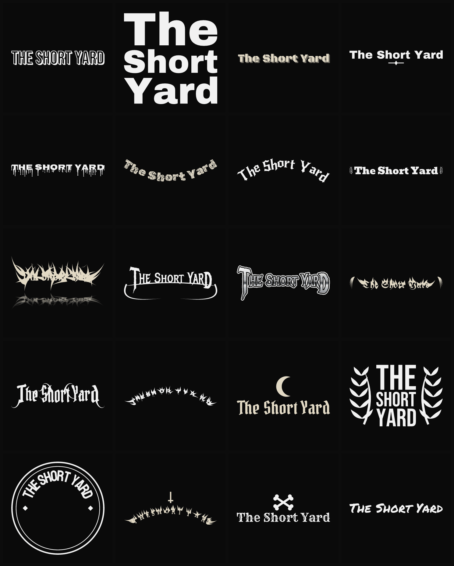 Twenty The Short Yard band logo ideas — different faces, treatments and spike settings
