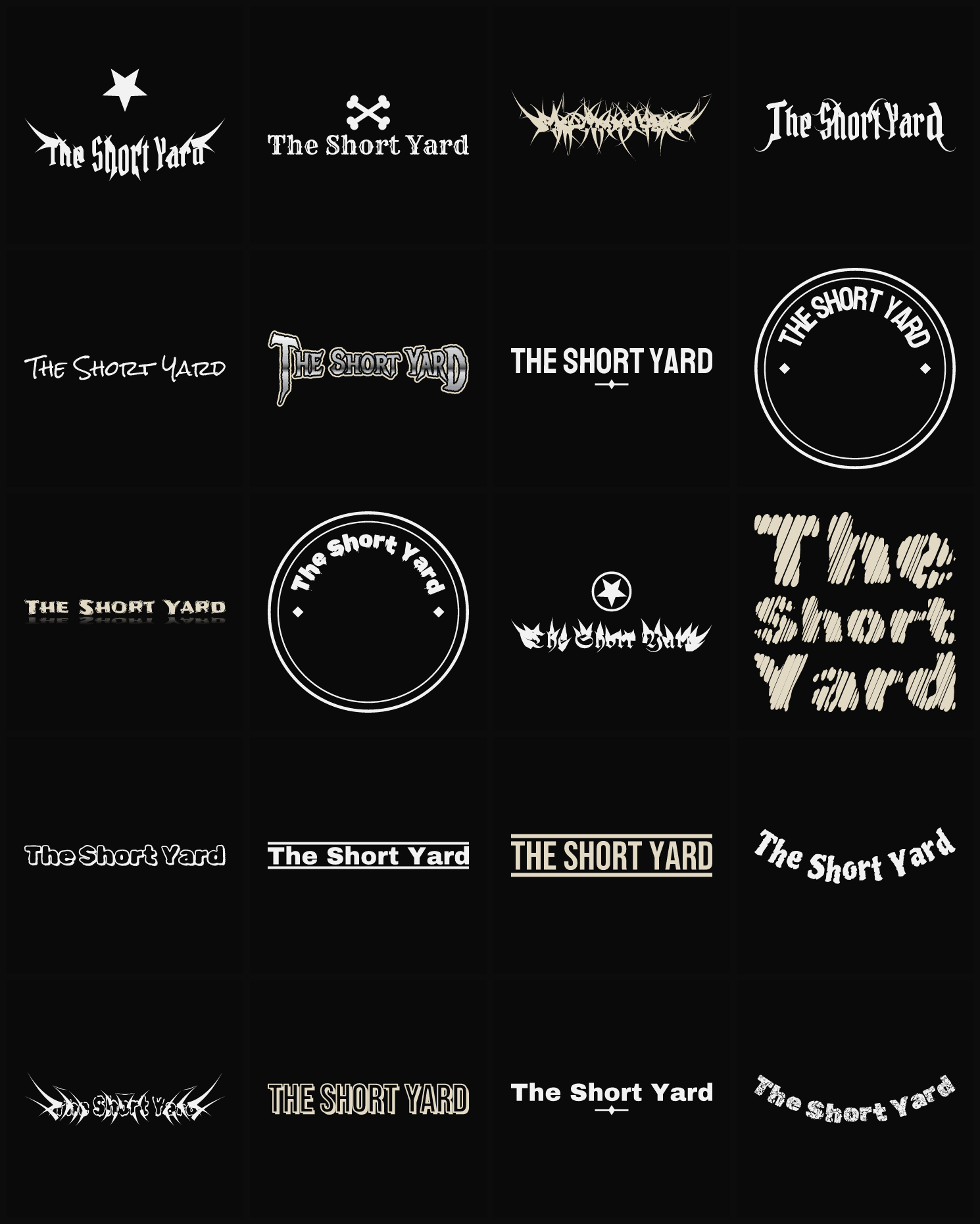 Twenty The Short Yard band logo ideas — different faces, treatments and spike settings