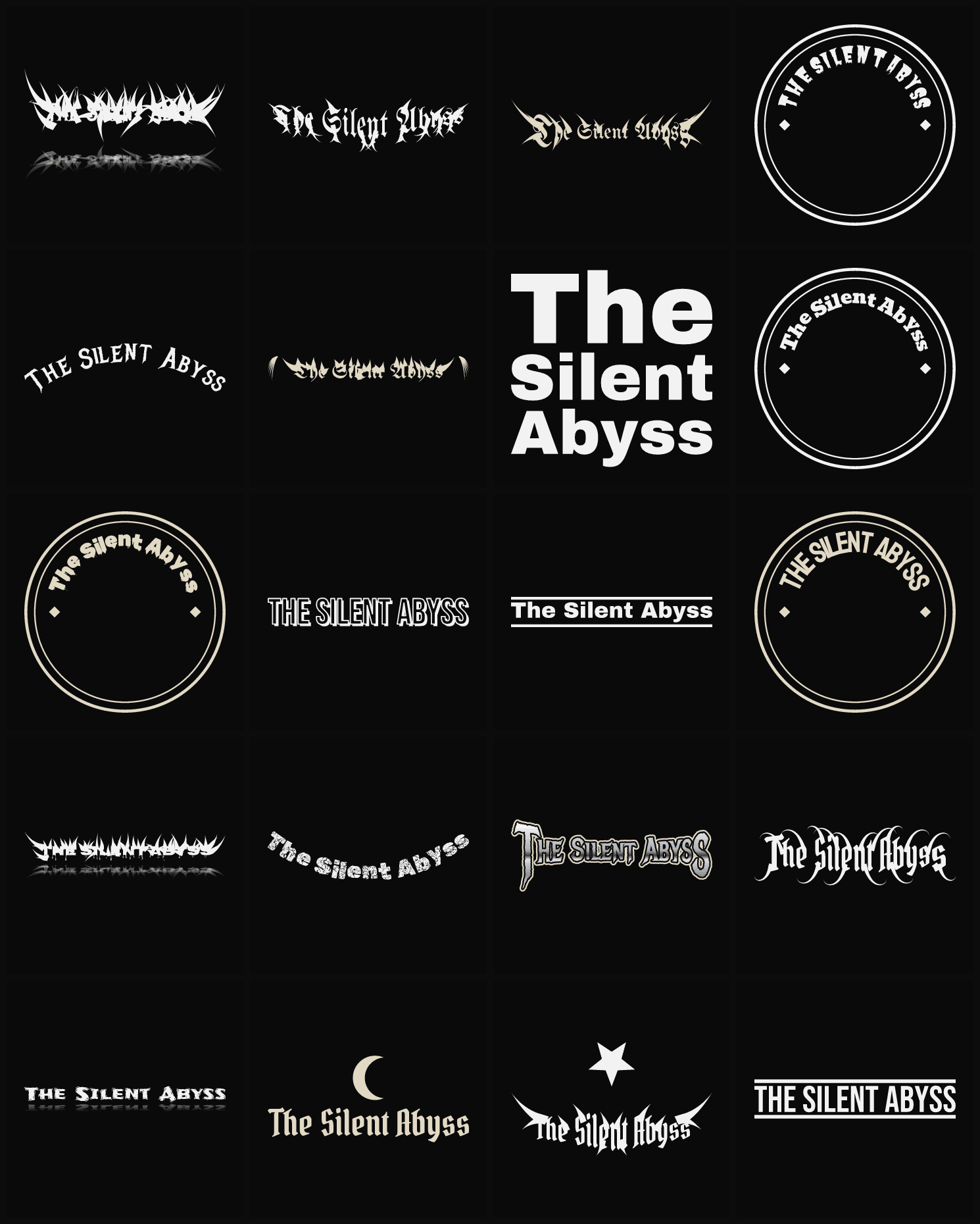 Twenty The Silent Abyss band logo ideas — different faces, treatments and spike settings