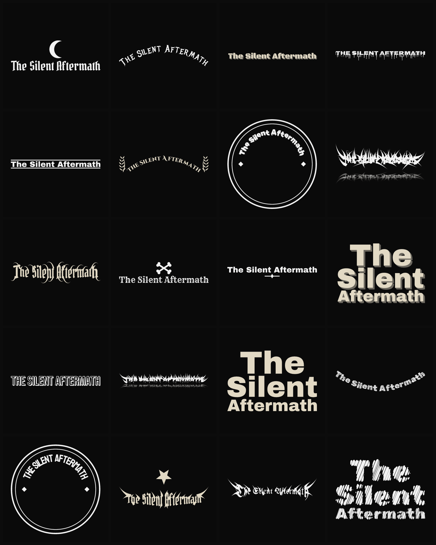 Twenty The Silent Aftermath band logo ideas — different faces, treatments and spike settings