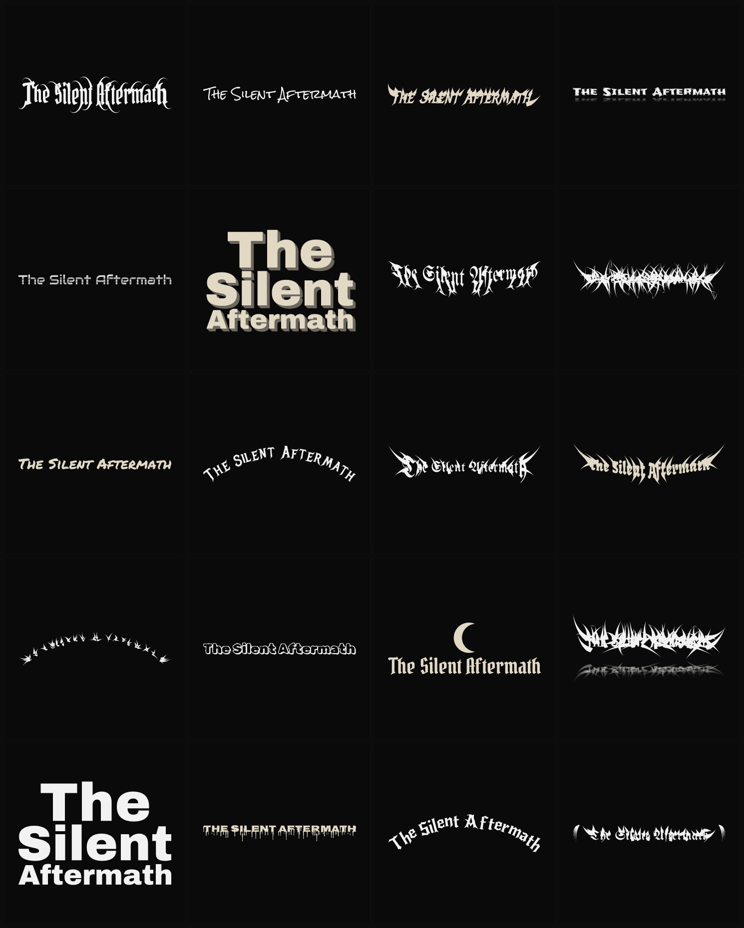 Twenty The Silent Aftermath band logo ideas — different faces, treatments and spike settings