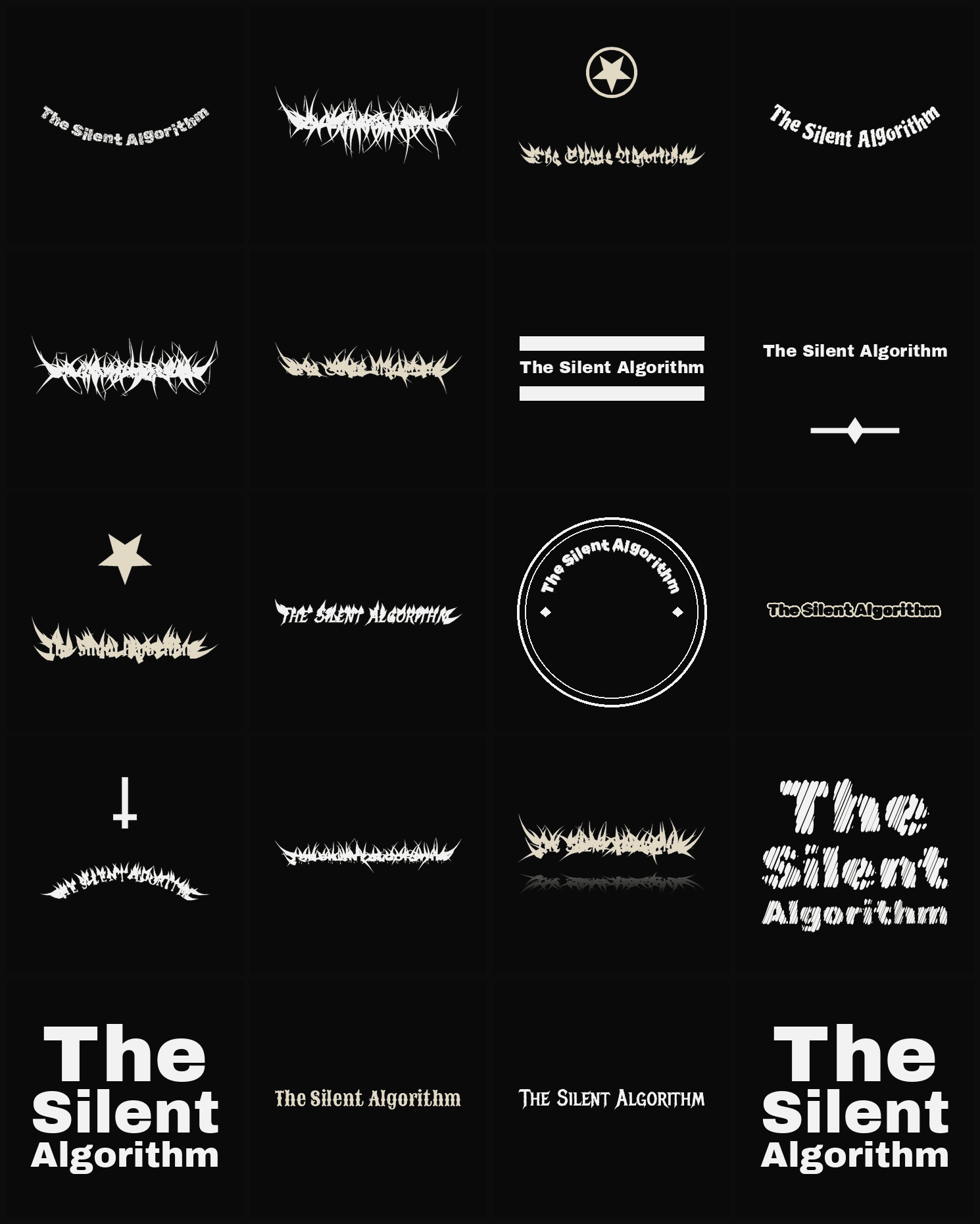 Twenty The Silent Algorithm band logo ideas — different faces, treatments and spike settings