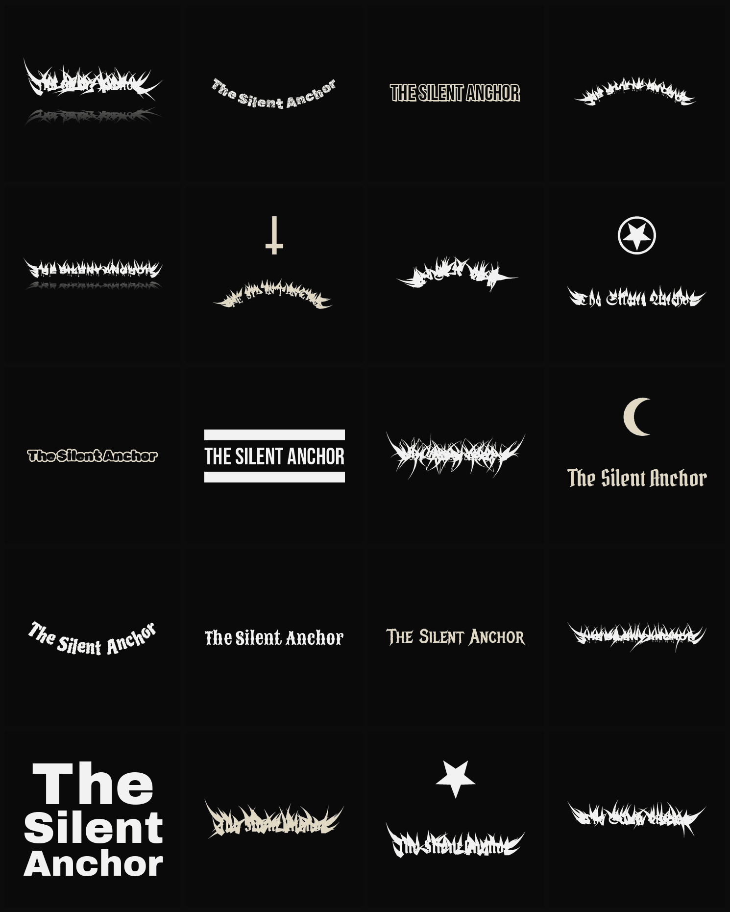 Twenty The Silent Anchor band logo ideas — different faces, treatments and spike settings