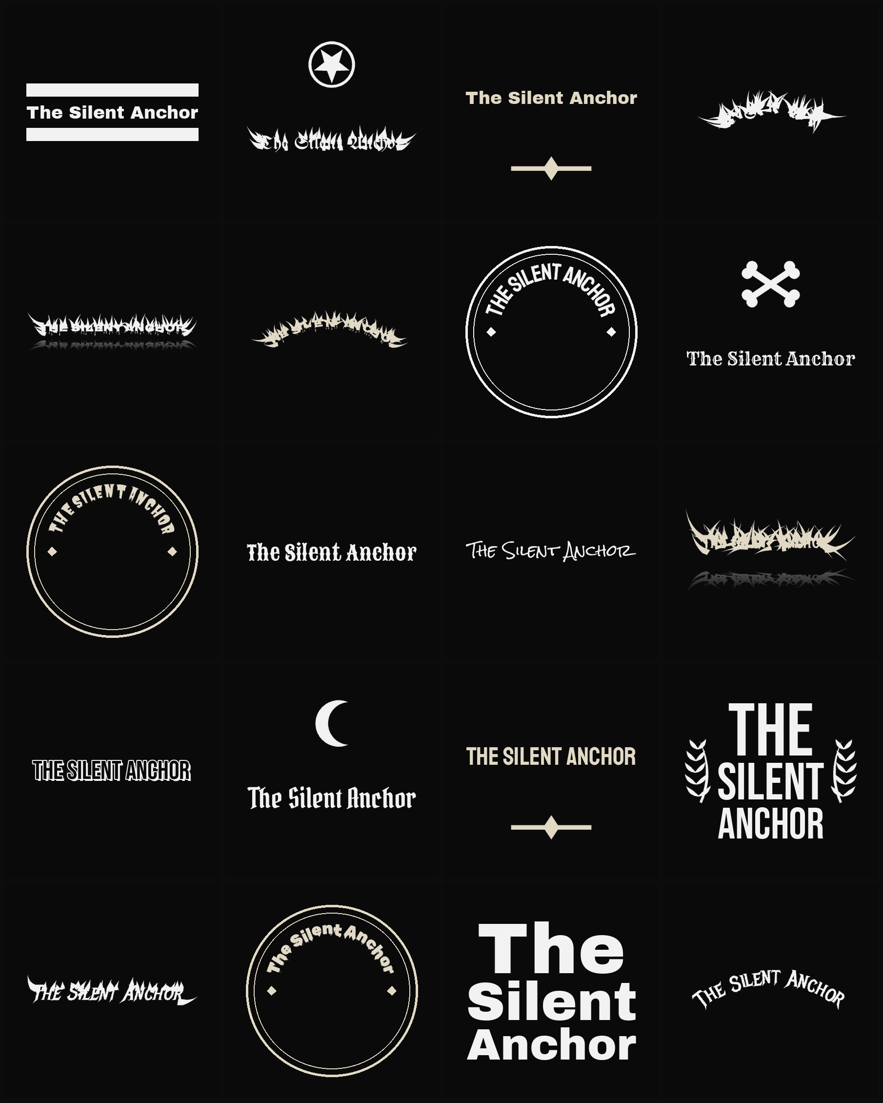Twenty The Silent Anchor band logo ideas — different faces, treatments and spike settings