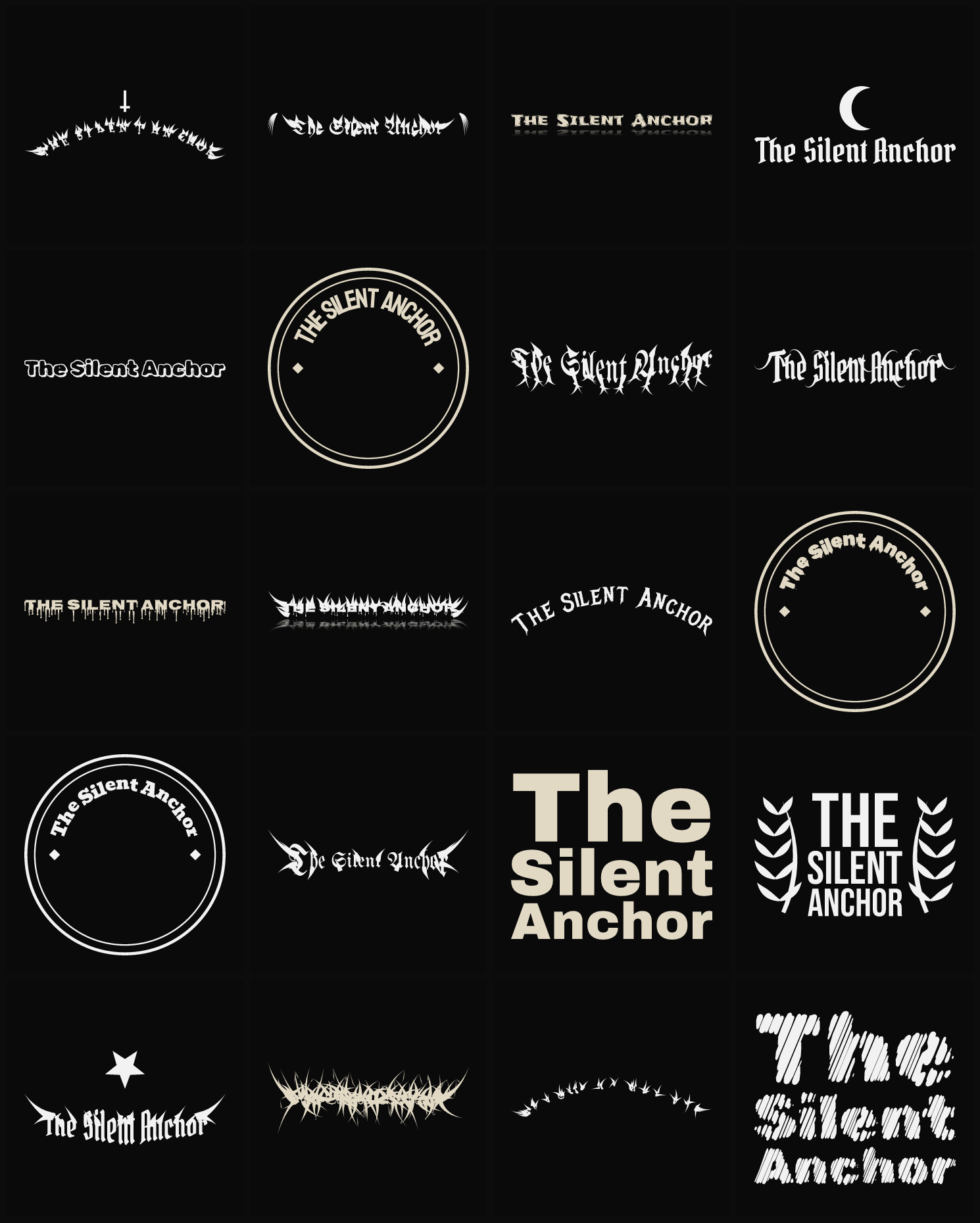 Twenty The Silent Anchor band logo ideas — different faces, treatments and spike settings
