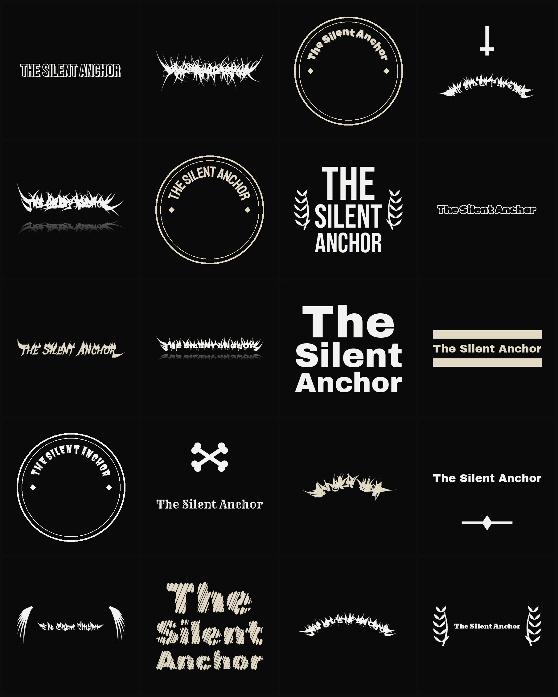 Twenty The Silent Anchor band logo ideas — different faces, treatments and spike settings