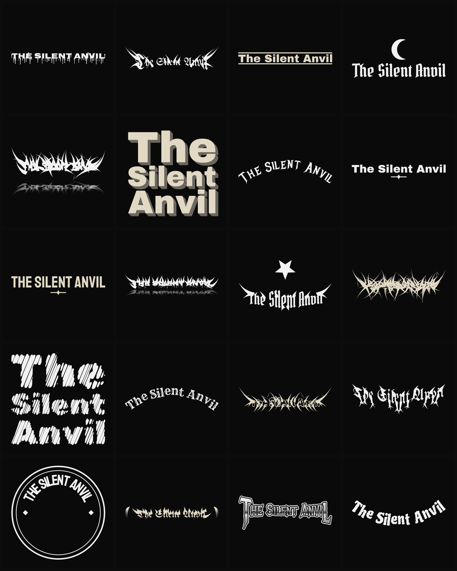 Twenty The Silent Anvil band logo ideas — different faces, treatments and spike settings