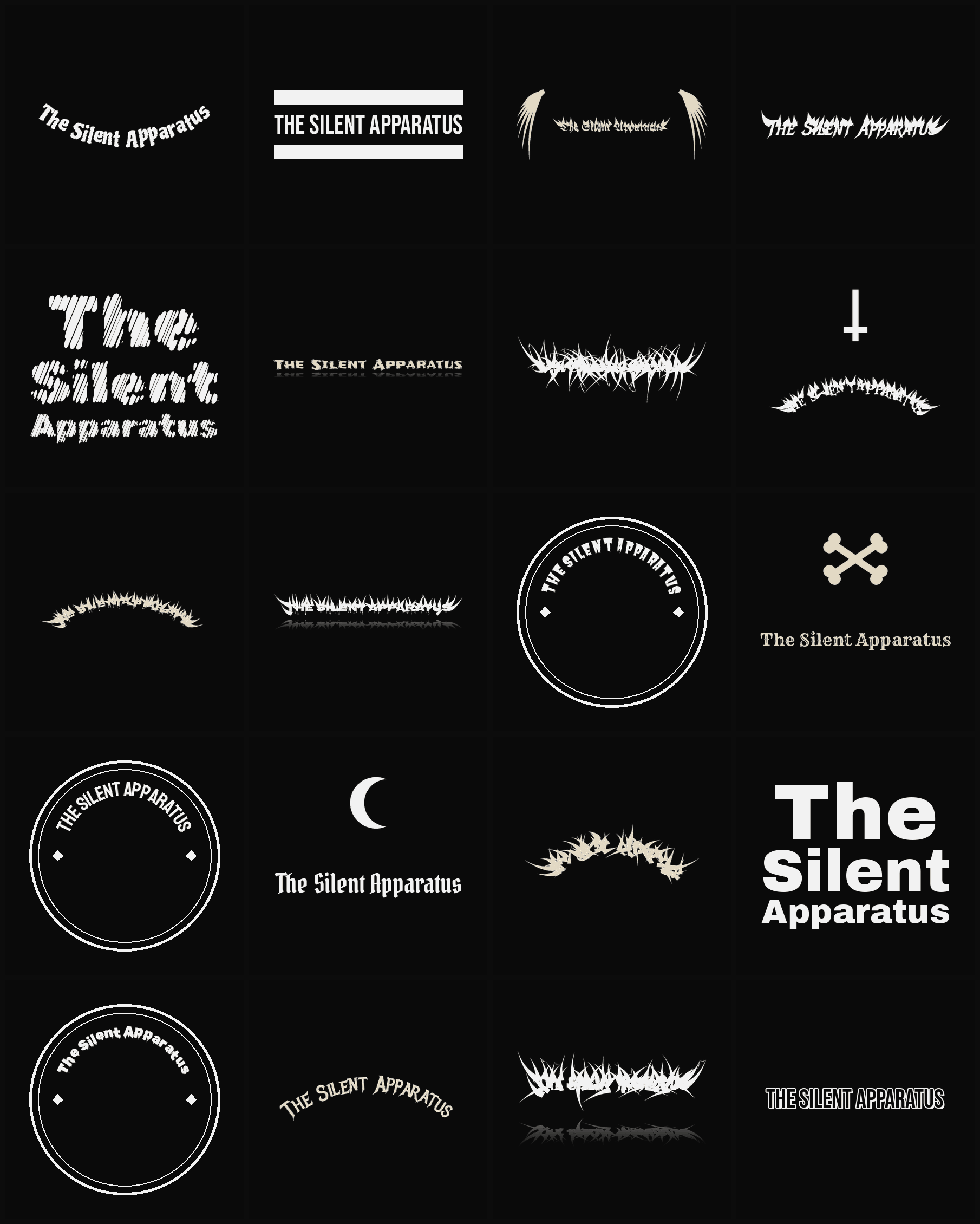 Twenty The Silent Apparatus band logo ideas — different faces, treatments and spike settings