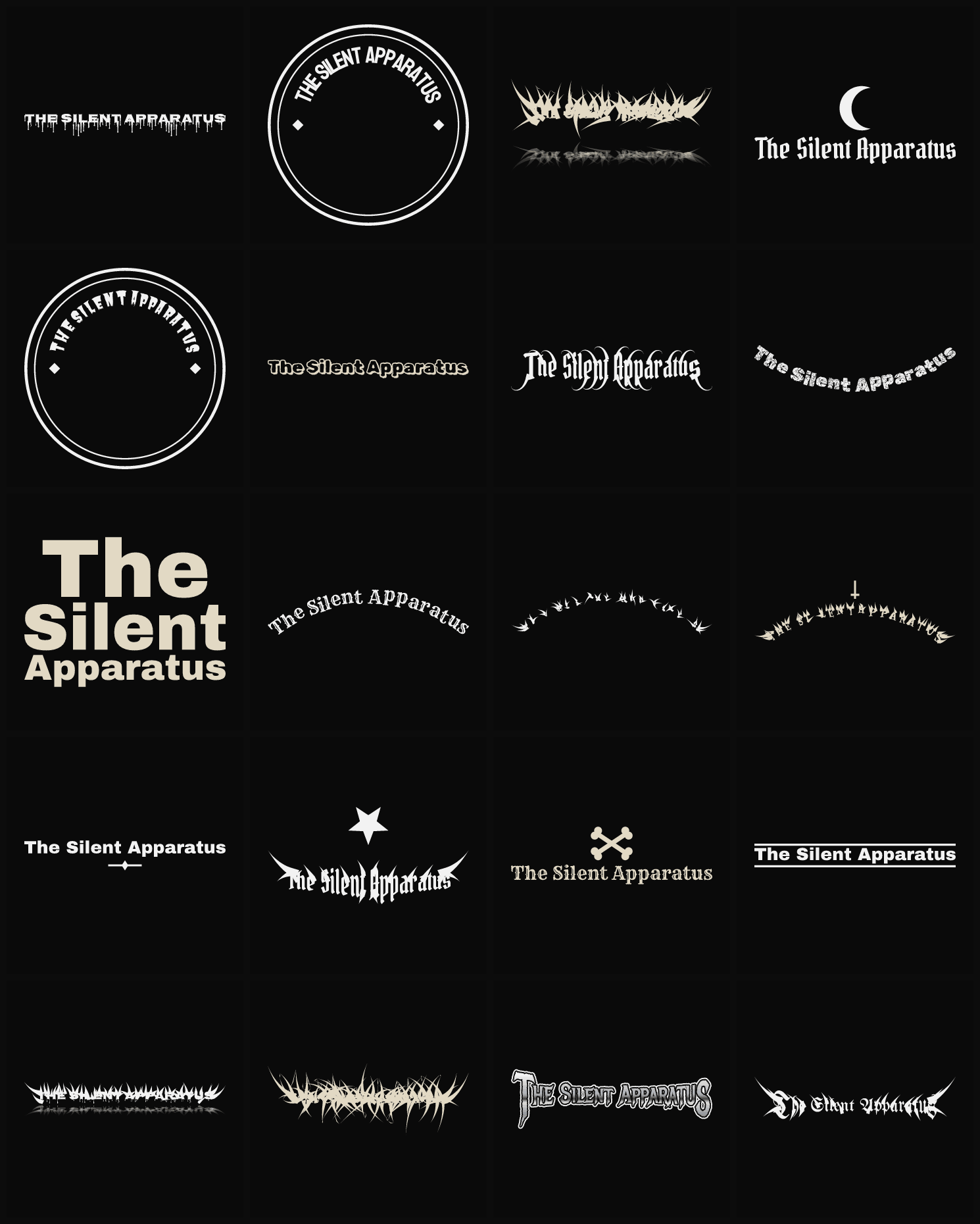 Twenty The Silent Apparatus band logo ideas — different faces, treatments and spike settings