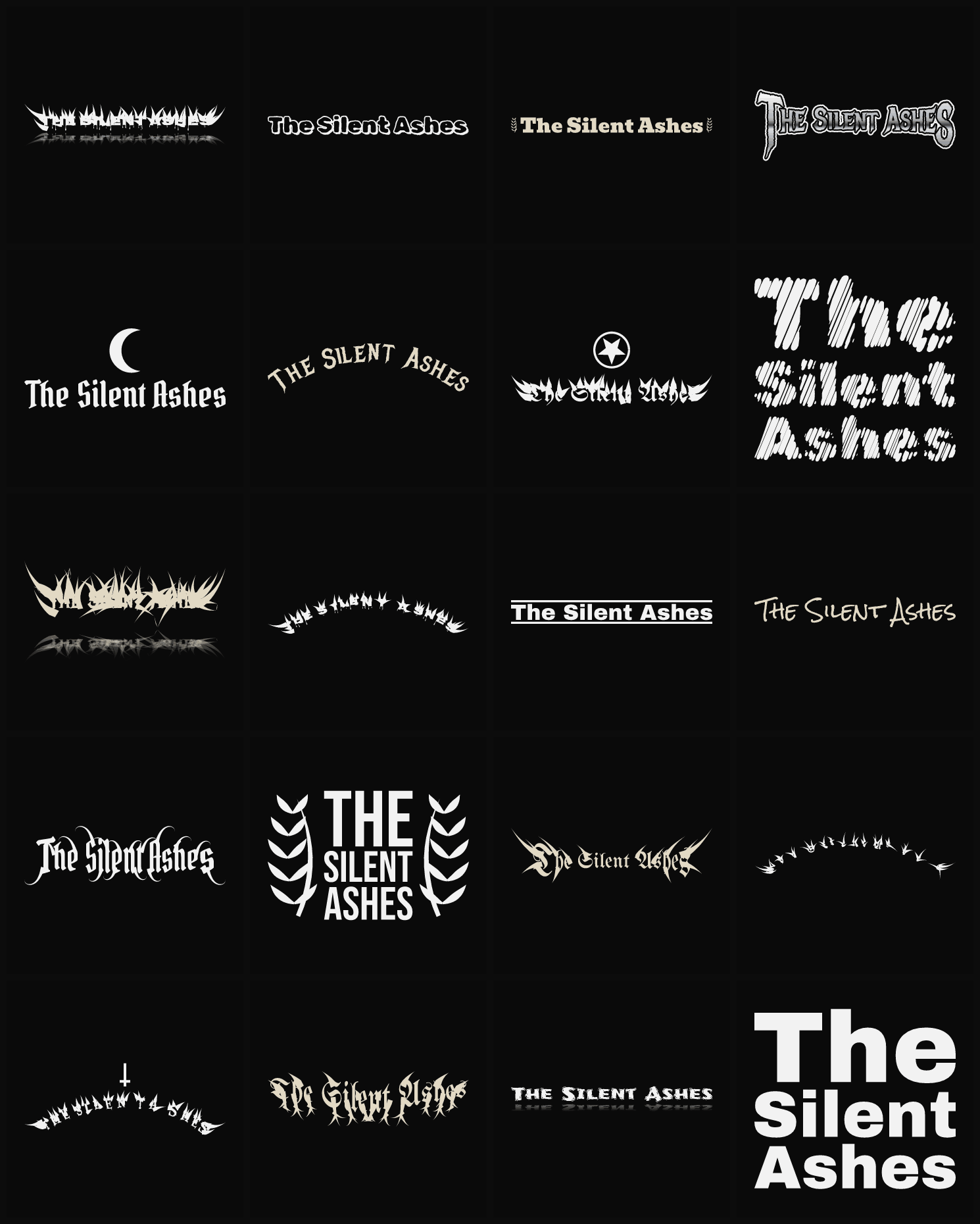 Twenty The Silent Ashes band logo ideas — different faces, treatments and spike settings