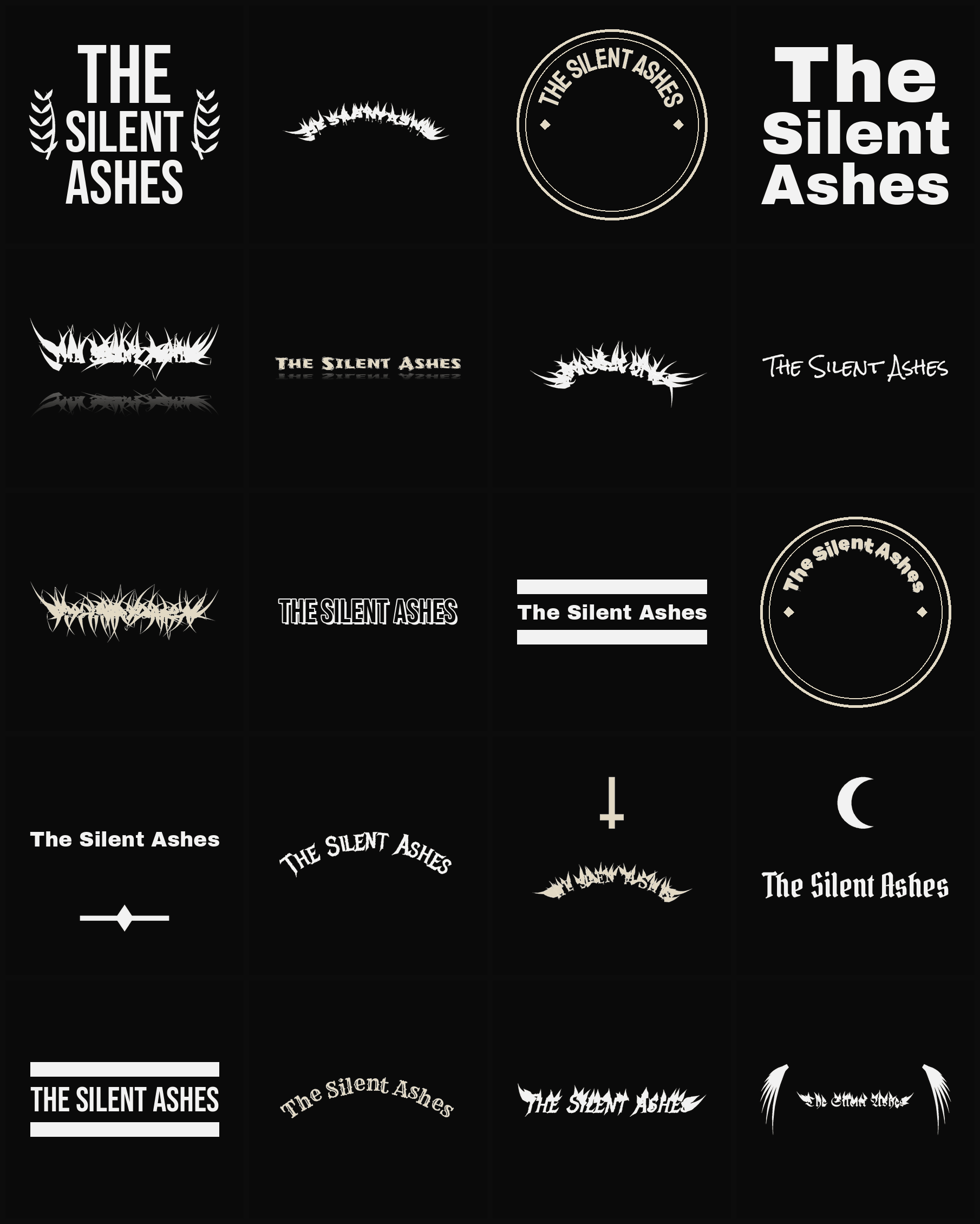 Twenty The Silent Ashes band logo ideas — different faces, treatments and spike settings