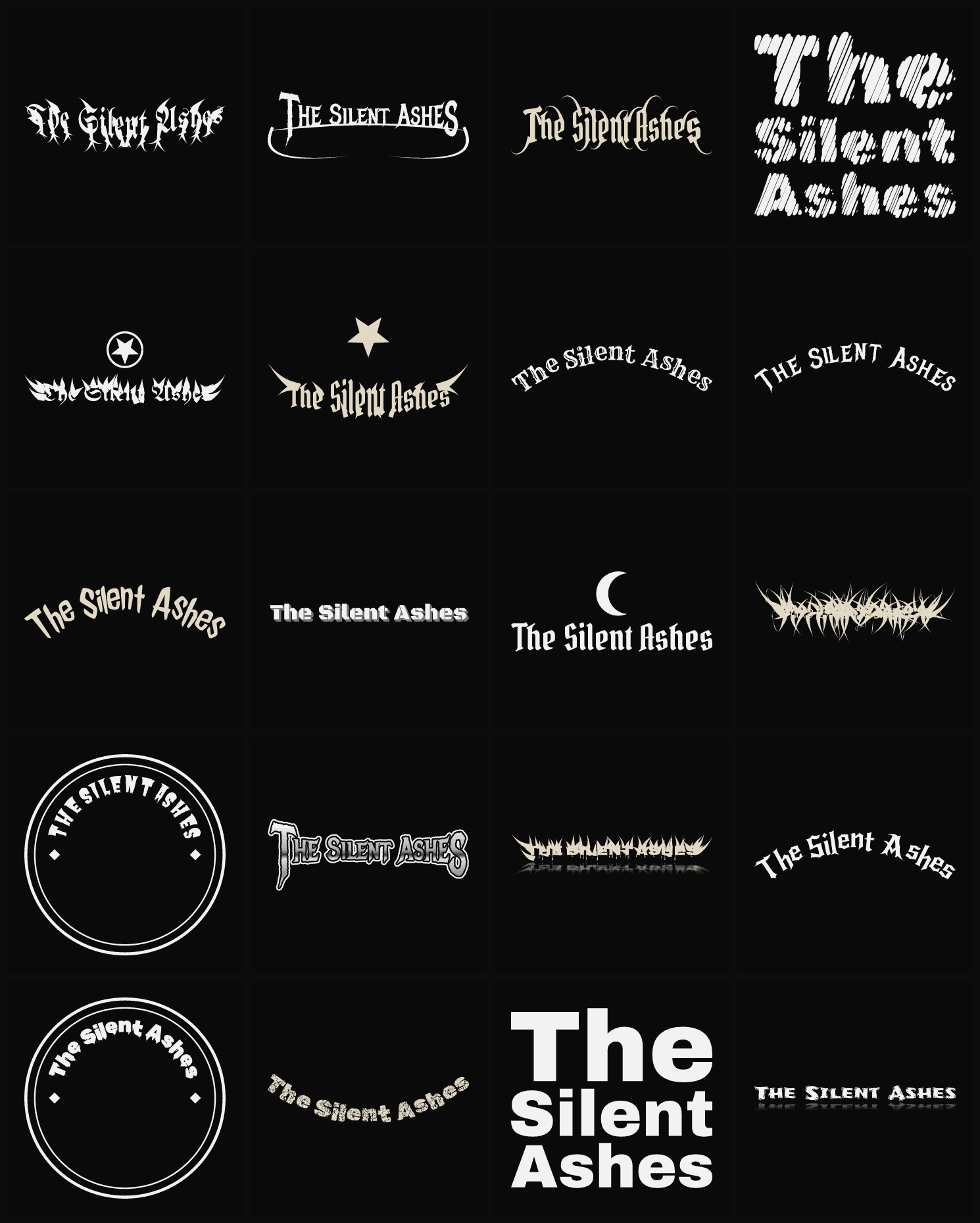 Twenty The Silent Ashes band logo ideas — different faces, treatments and spike settings