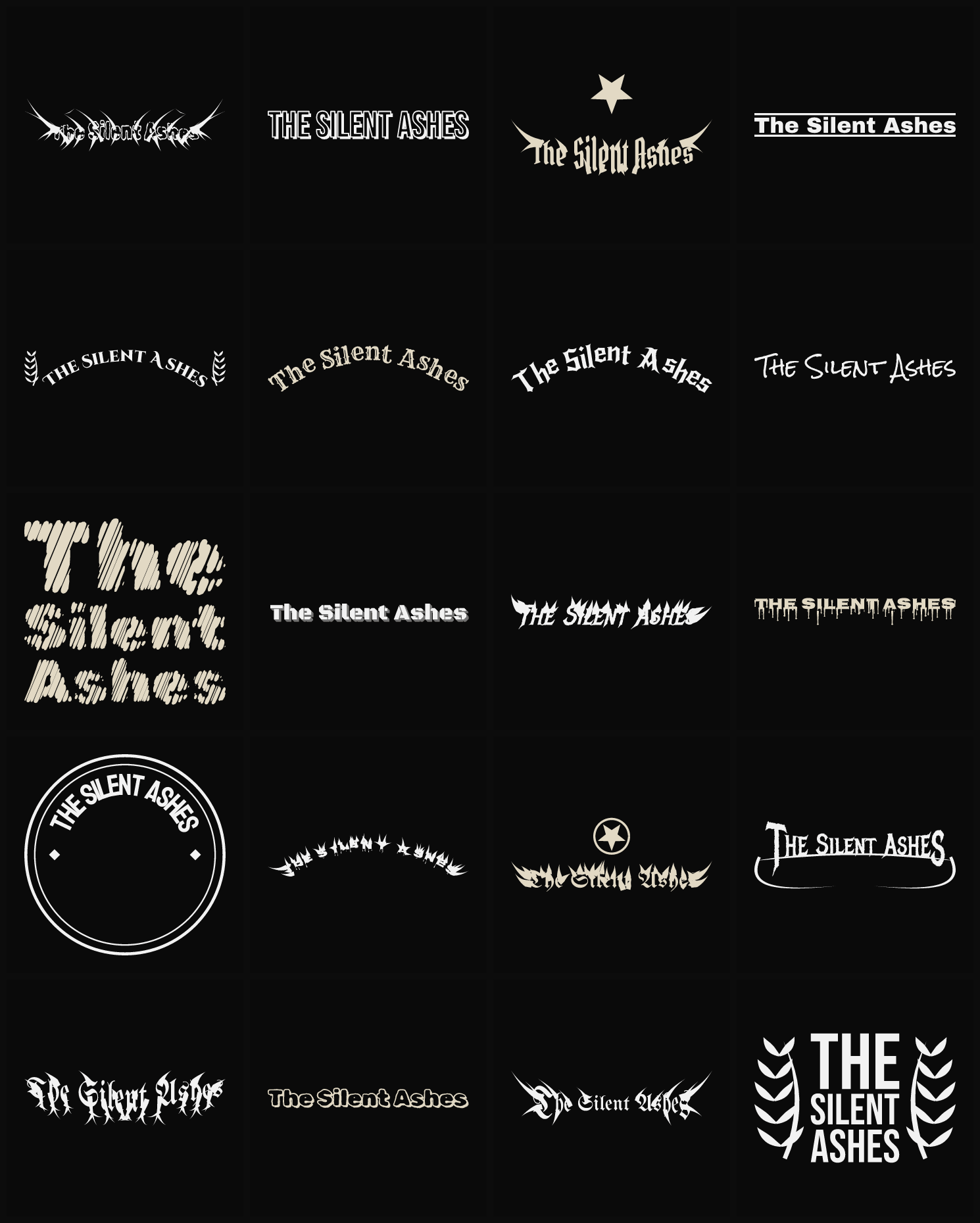 Twenty The Silent Ashes band logo ideas — different faces, treatments and spike settings