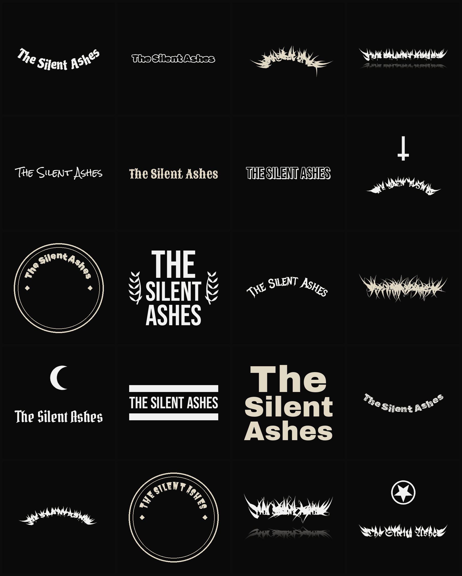 Twenty The Silent Ashes band logo ideas — different faces, treatments and spike settings
