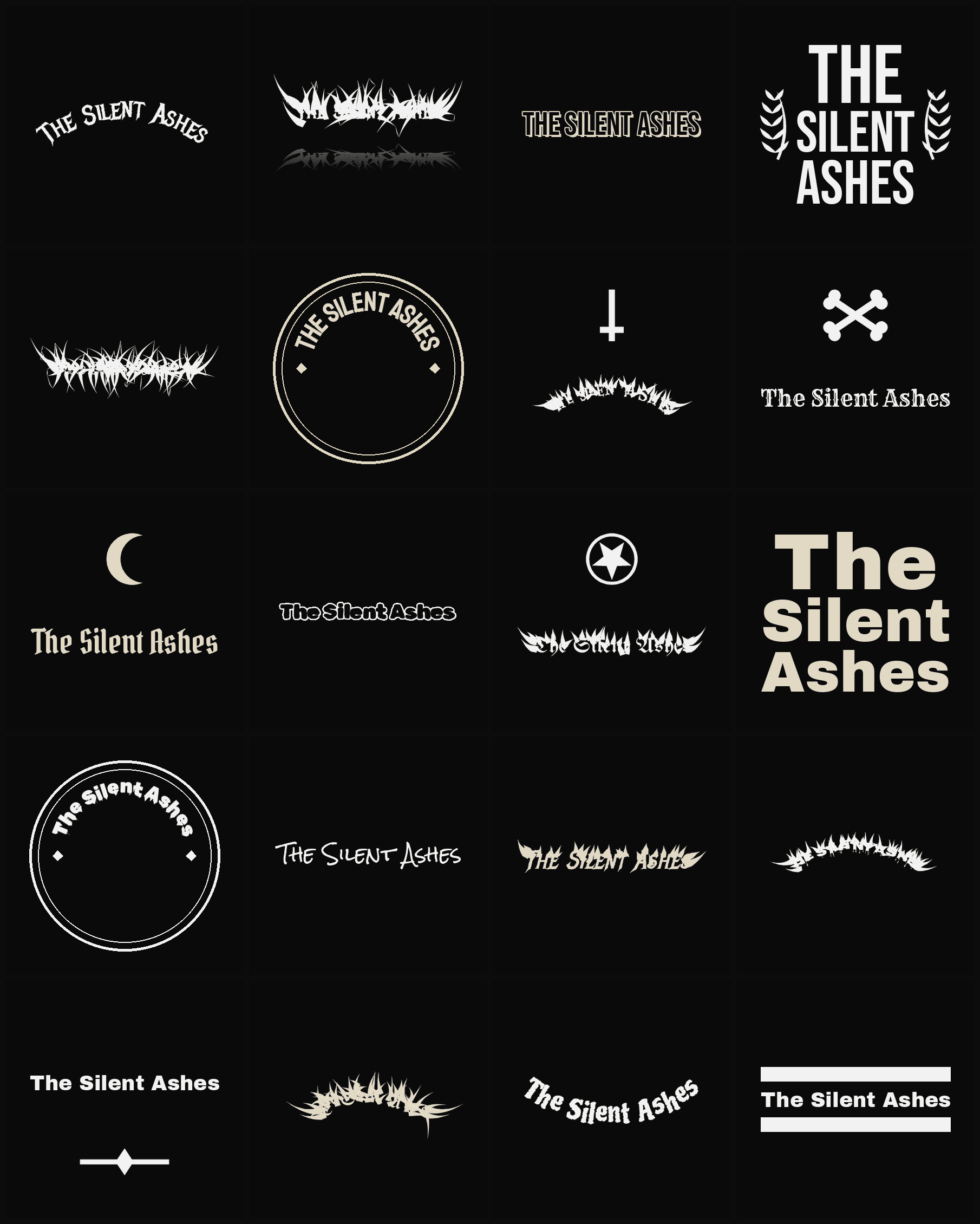 Twenty The Silent Ashes band logo ideas — different faces, treatments and spike settings