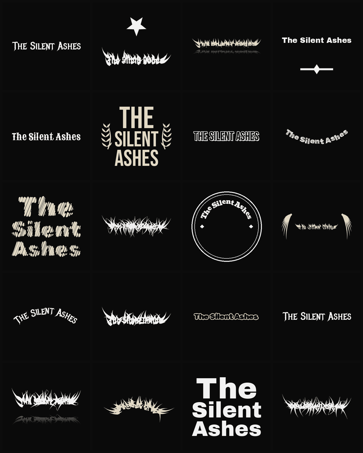 Twenty The Silent Ashes band logo ideas — different faces, treatments and spike settings