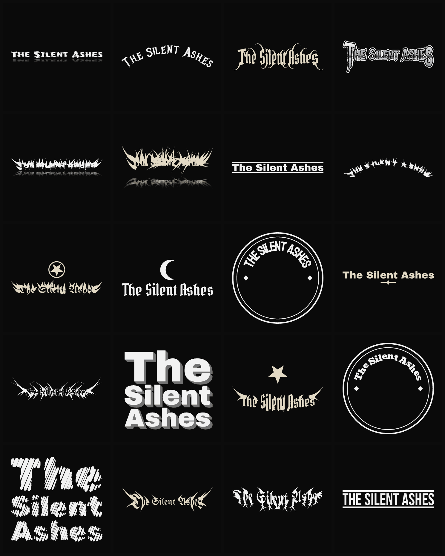 Twenty The Silent Ashes band logo ideas — different faces, treatments and spike settings