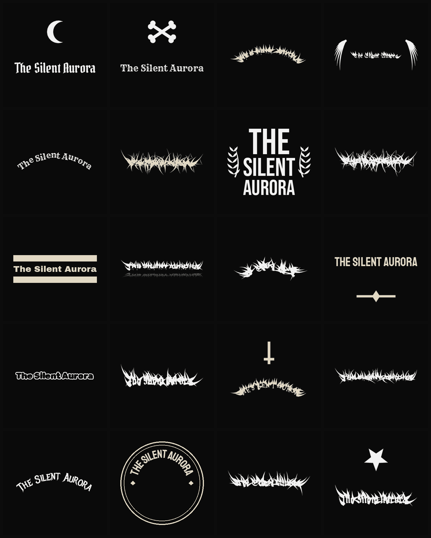 Twenty The Silent Aurora band logo ideas — different faces, treatments and spike settings