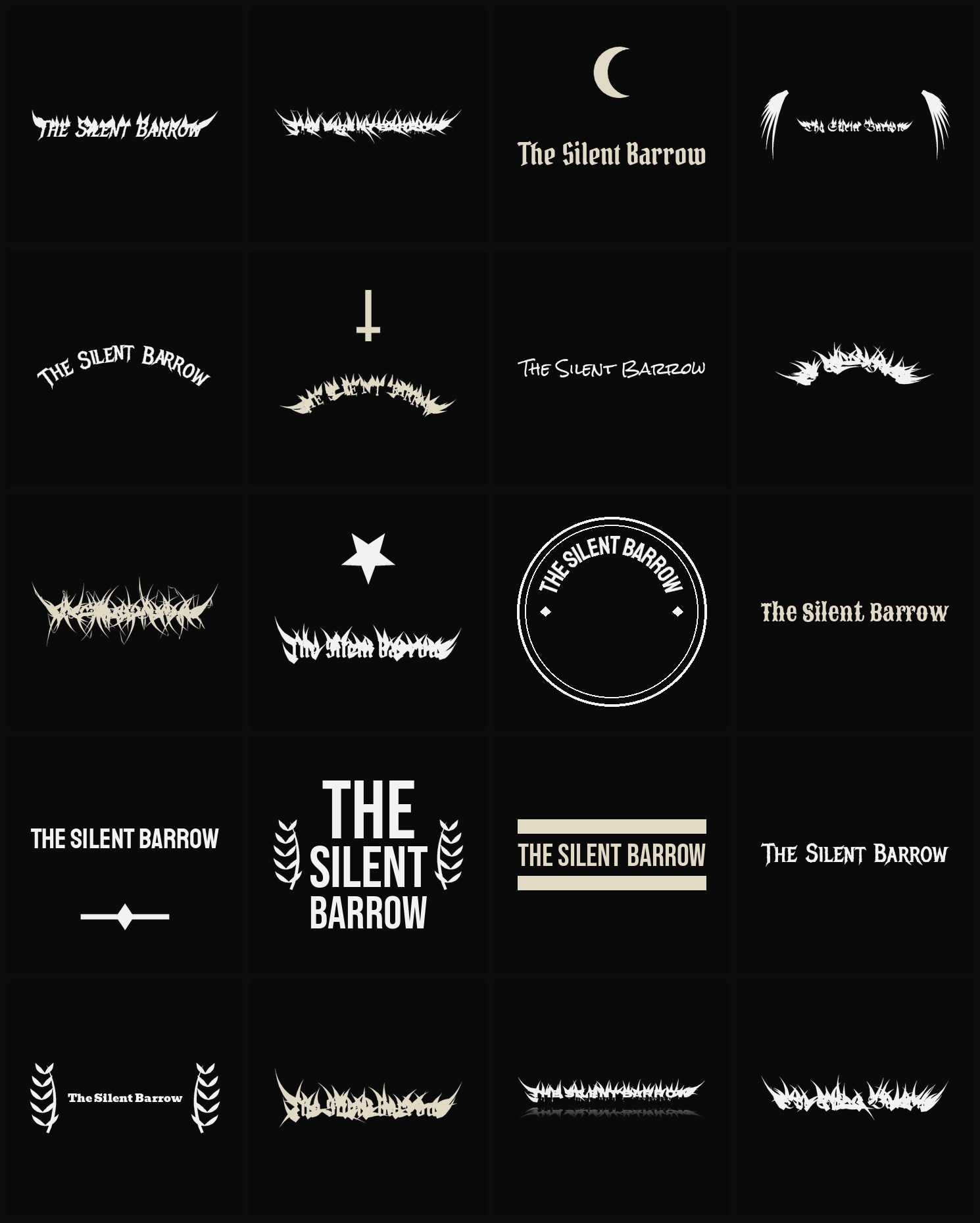 Twenty The Silent Barrow band logo ideas — different faces, treatments and spike settings