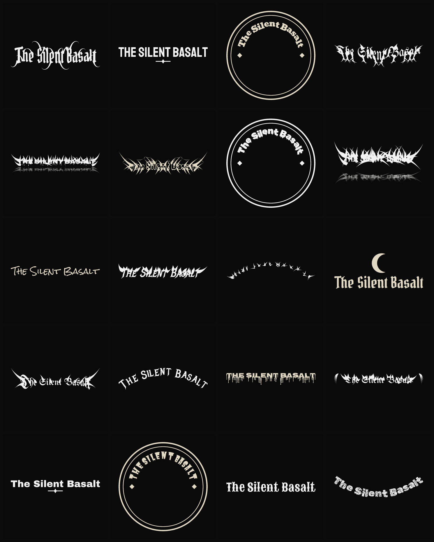 Twenty The Silent Basalt band logo ideas — different faces, treatments and spike settings