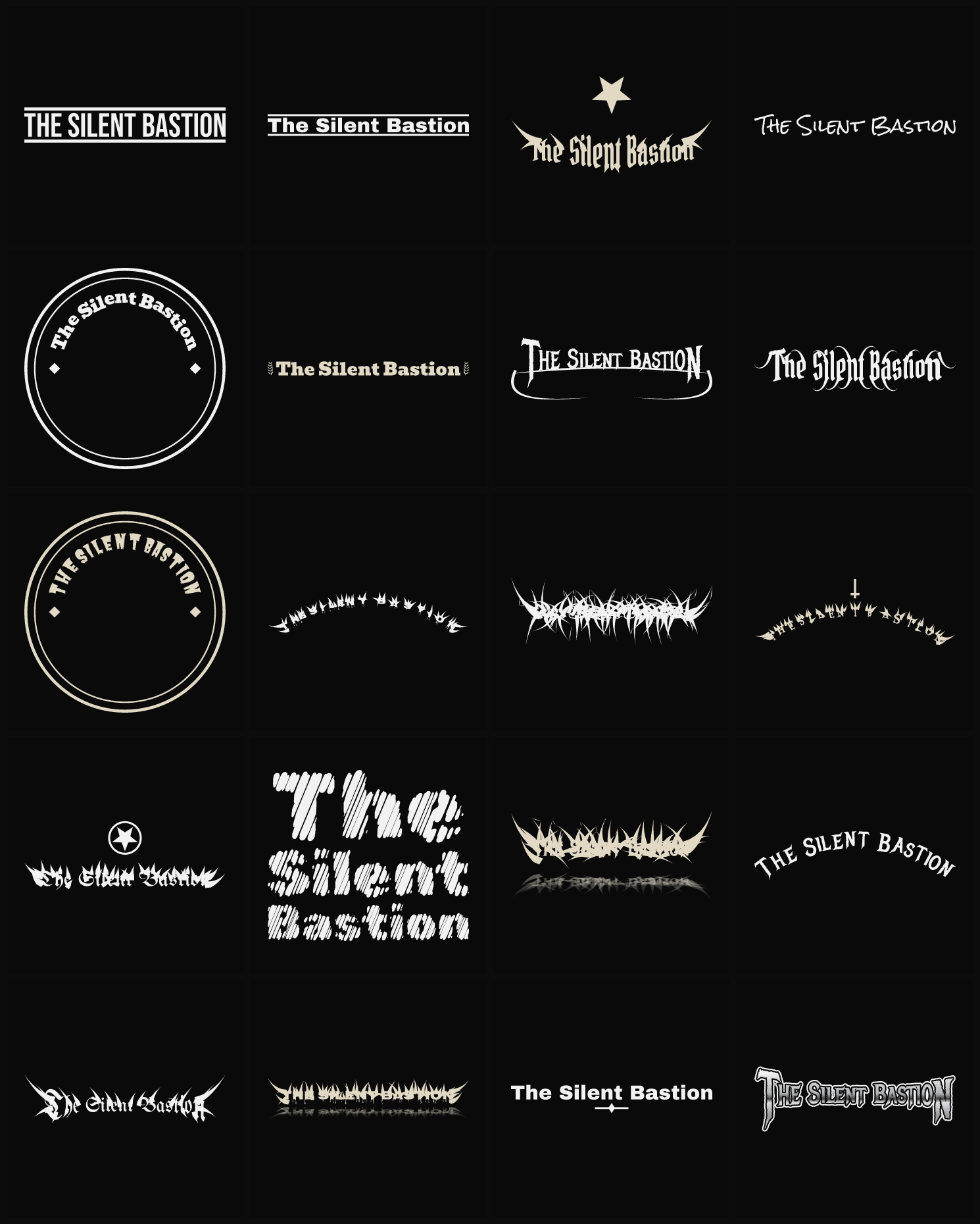 Twenty The Silent Bastion band logo ideas — different faces, treatments and spike settings