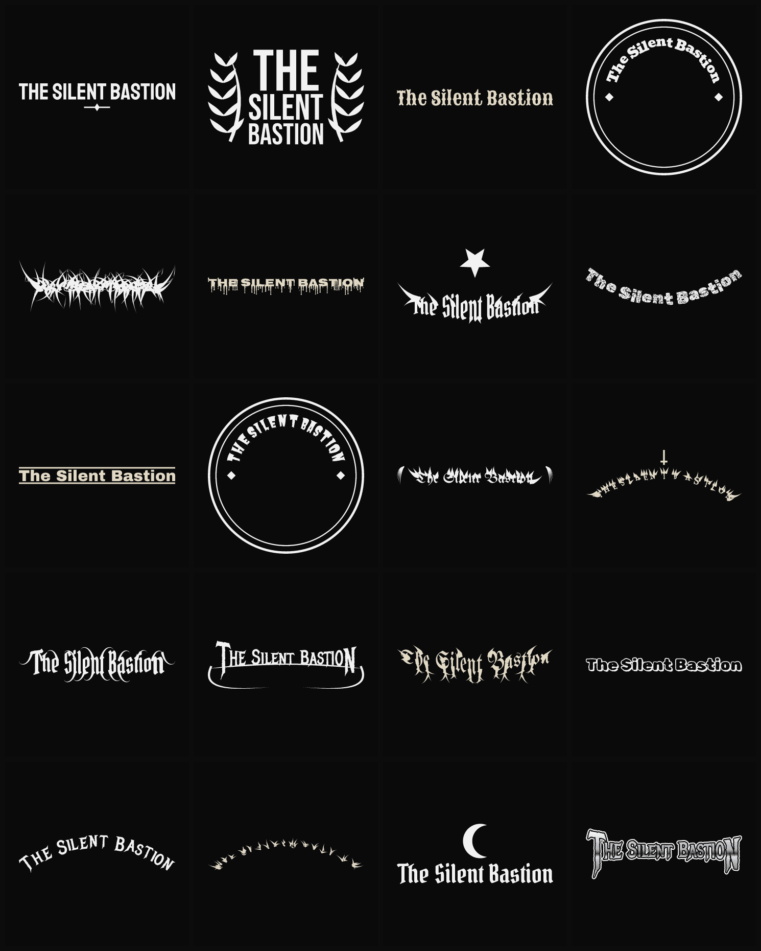 Twenty The Silent Bastion band logo ideas — different faces, treatments and spike settings