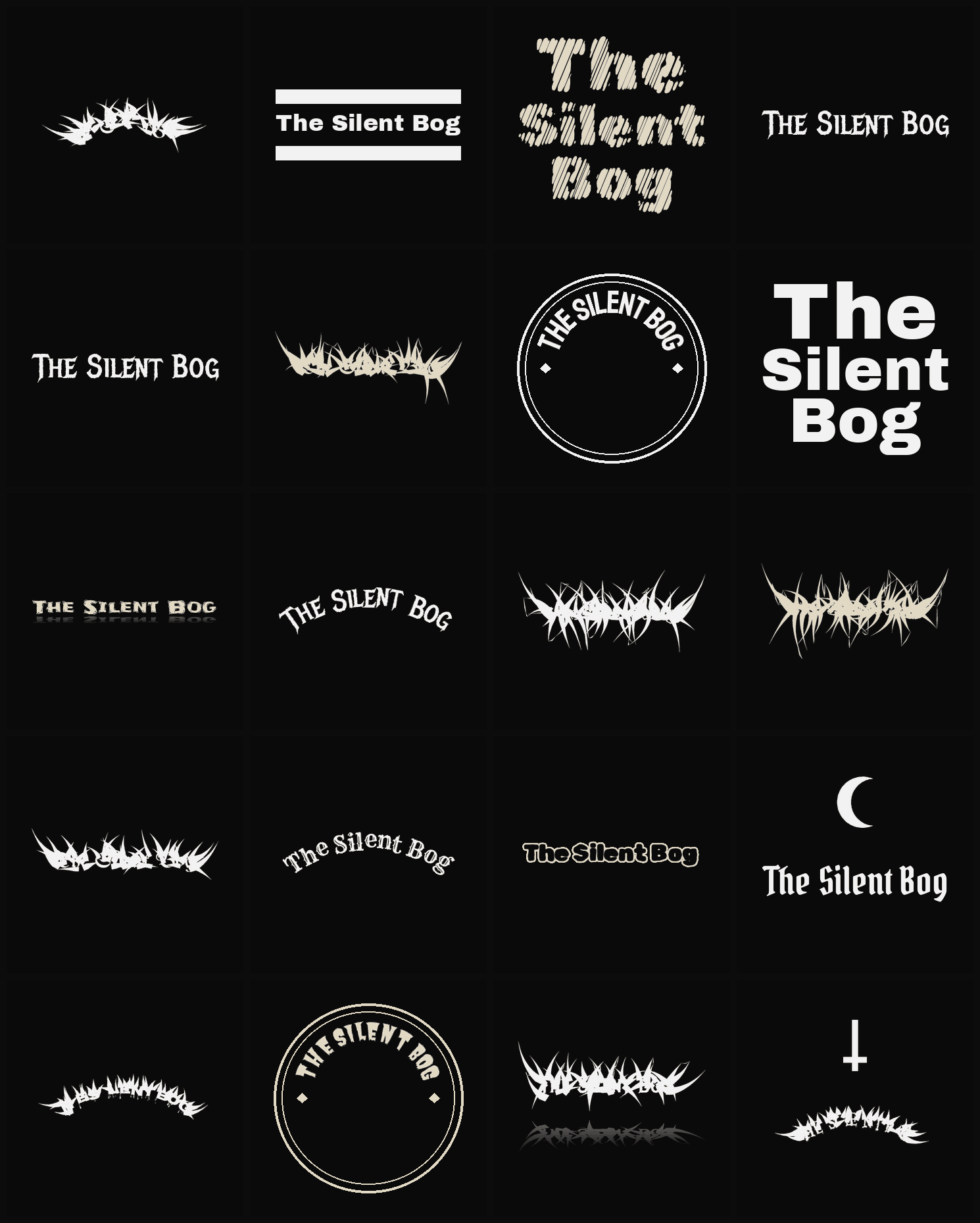 Twenty The Silent Bog band logo ideas — different faces, treatments and spike settings