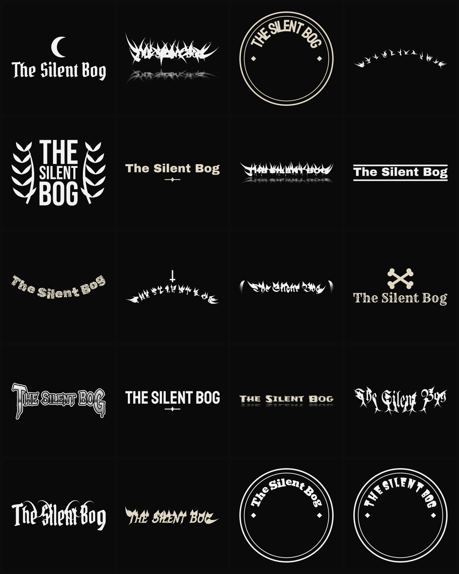 Twenty The Silent Bog band logo ideas — different faces, treatments and spike settings