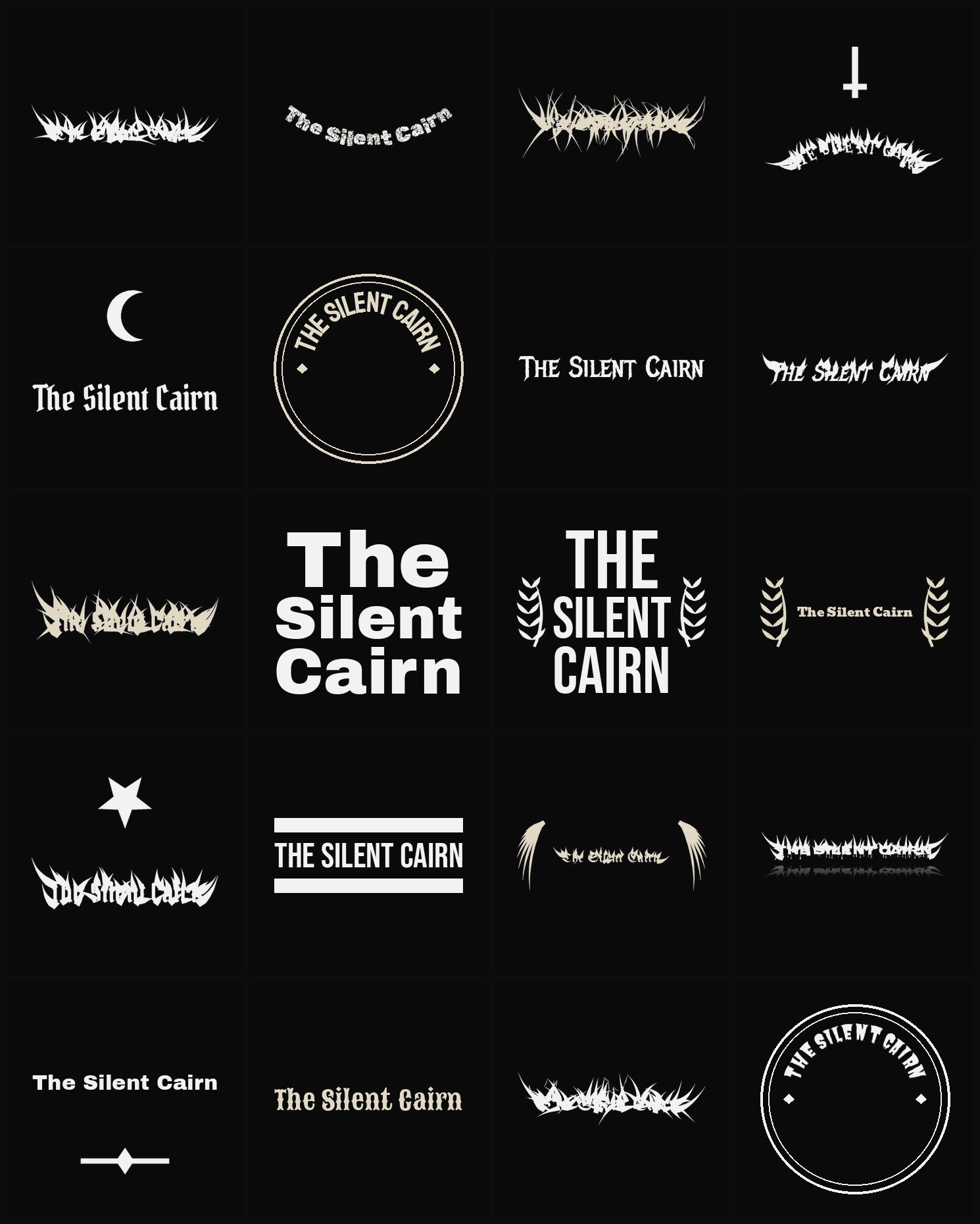 Twenty The Silent Cairn band logo ideas — different faces, treatments and spike settings