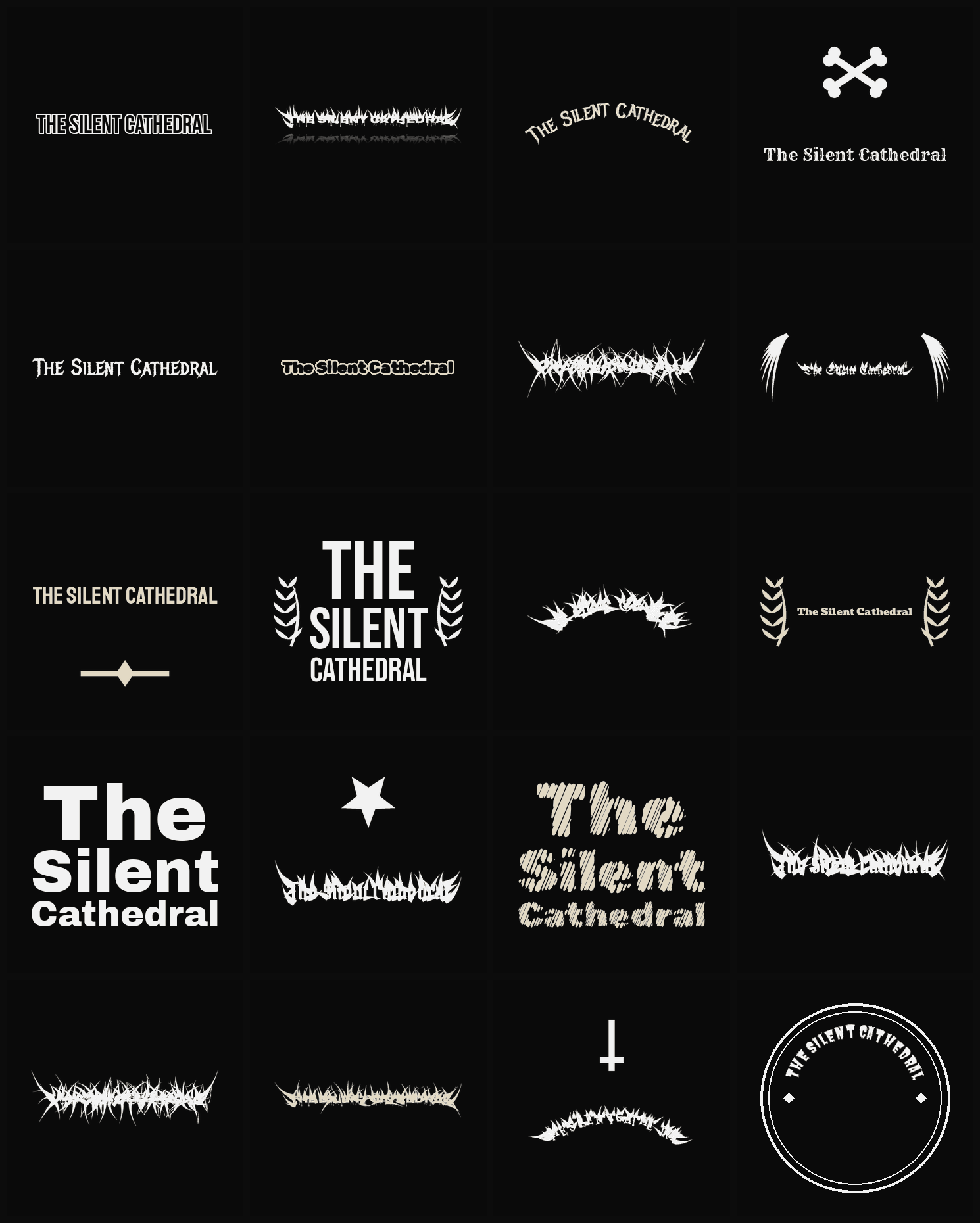 Twenty The Silent Cathedral band logo ideas — different faces, treatments and spike settings