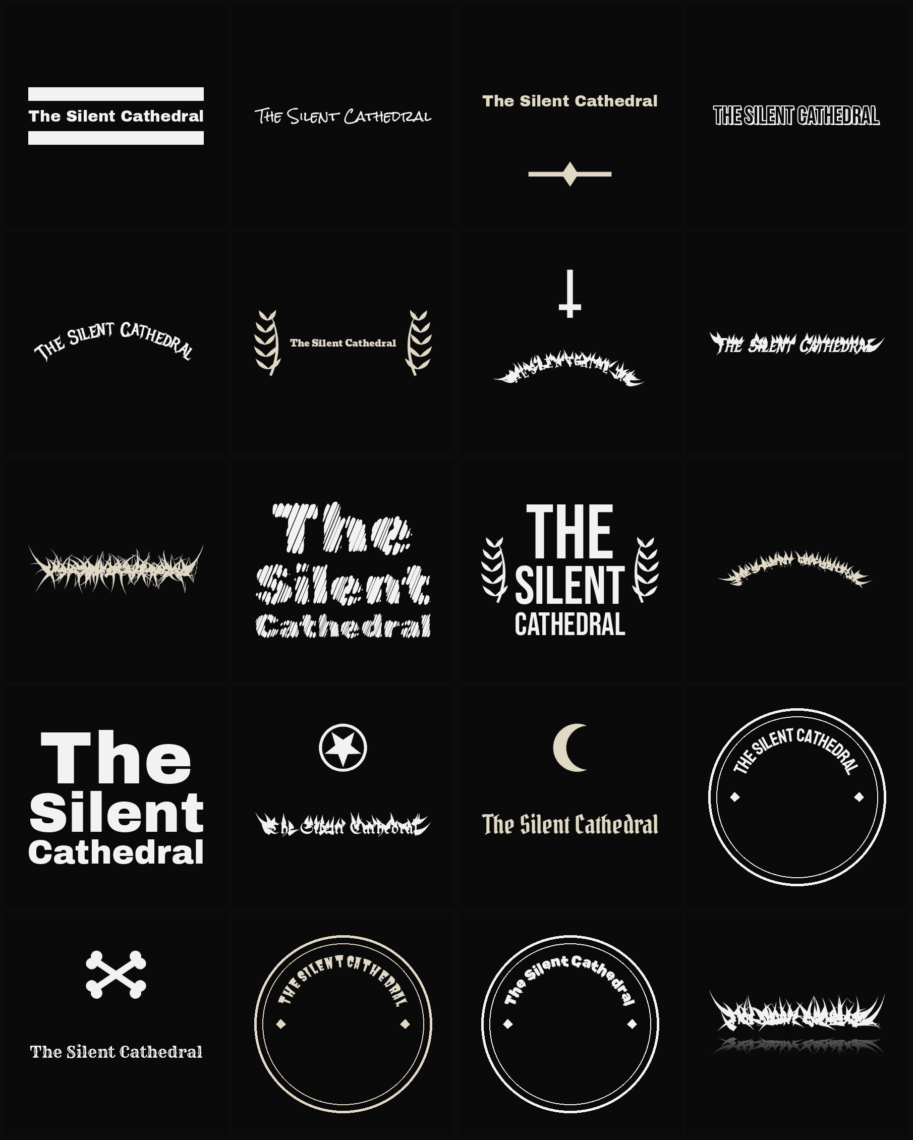 Twenty The Silent Cathedral band logo ideas — different faces, treatments and spike settings